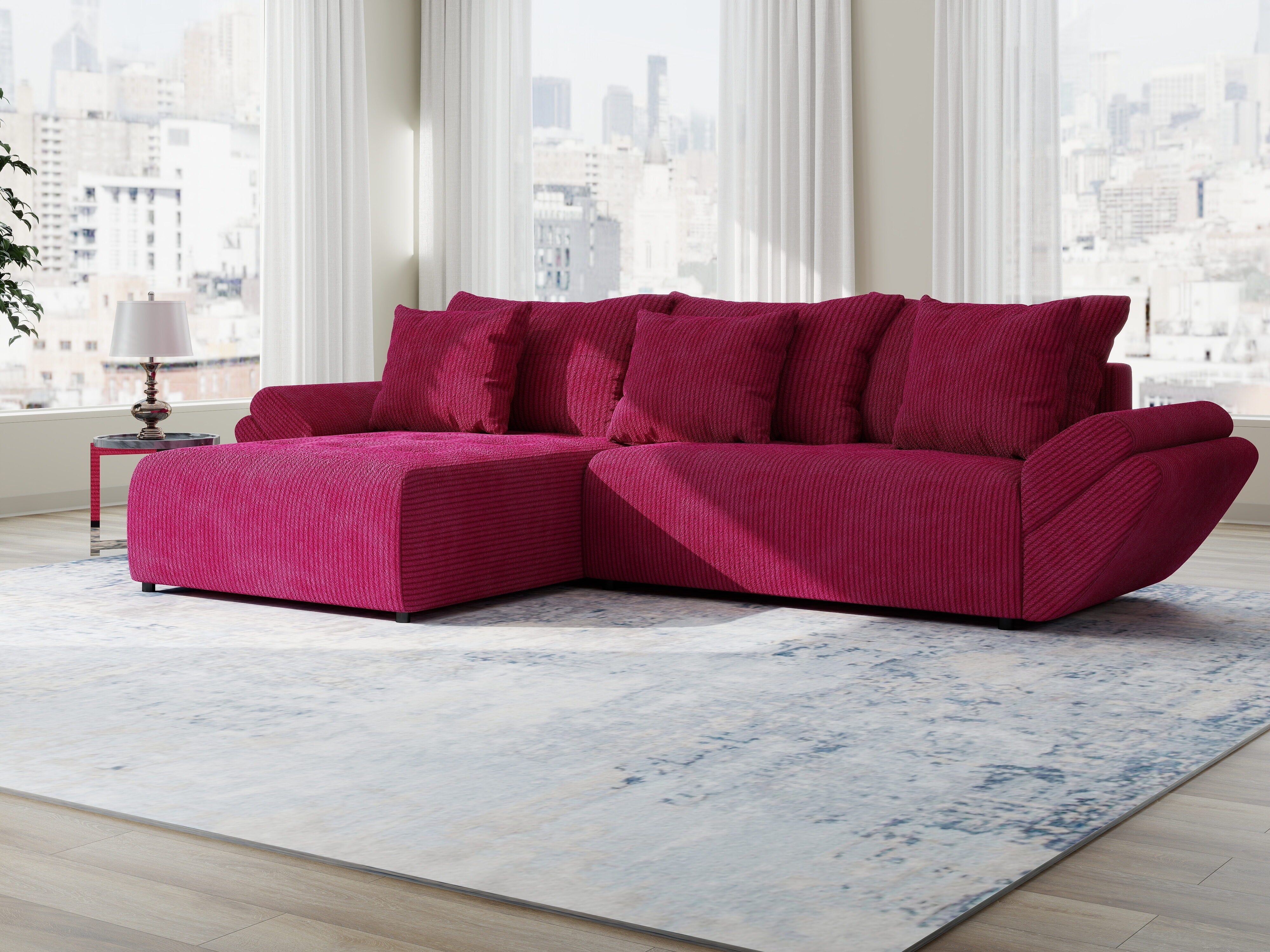 Colțar extensibil dumonde cu ladă de depozitare si sezut confortabil din spuma HR, Berlin Zoom Rosu 280x185 cm