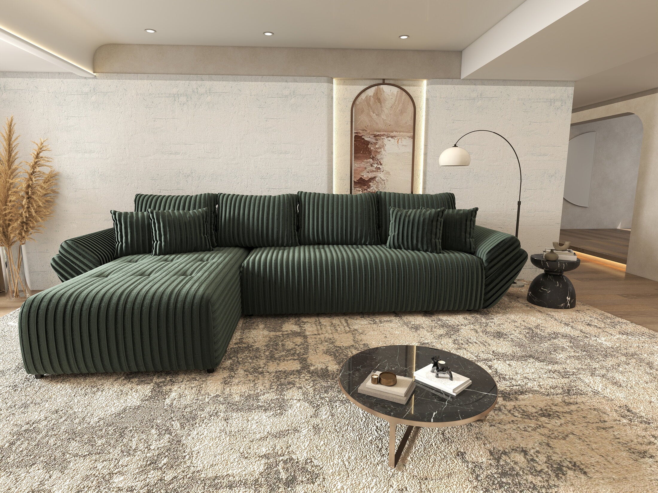 Colțar extensibil dumonde cu ladă de depozitare si sezut confortabil din spuma HR, Berlin XL Ambience Green 350x185 cm