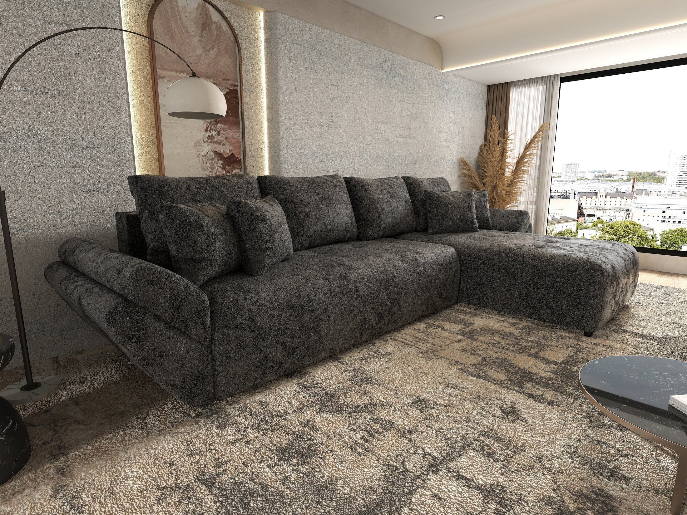 Colțar extensibil dumonde cu ladă de depozitare si sezut confortabil din spuma HR, Berlin XL Euphoria Negru 350x185 cm II