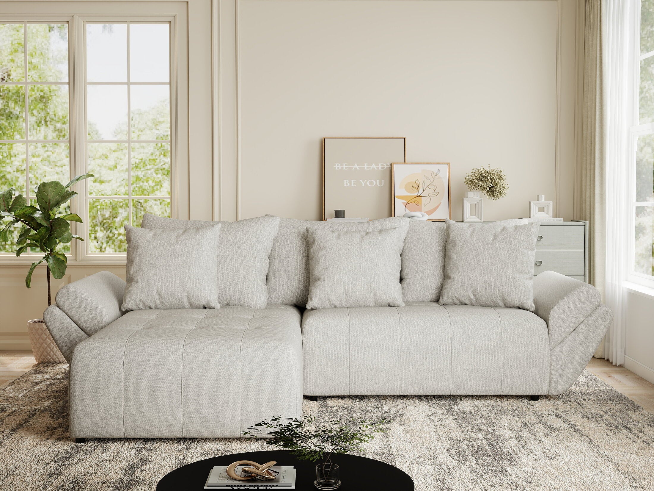 Colțar extensibil dumonde cu ladă de depozitare si sezut confortabil din spuma HR, Berlin Enjoy Bej 280x185 cm