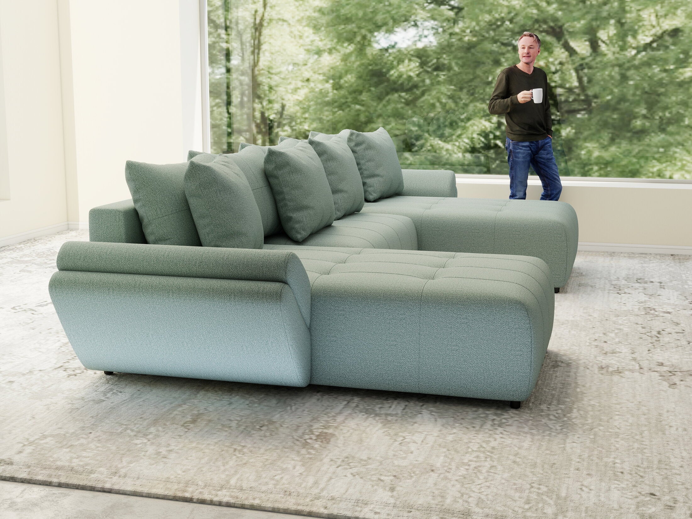 Colțar extensibil dumonde cu ladă de depozitare si sezut confortabil din spuma HR, Berlin U Enjoy Mint 380x180 cm