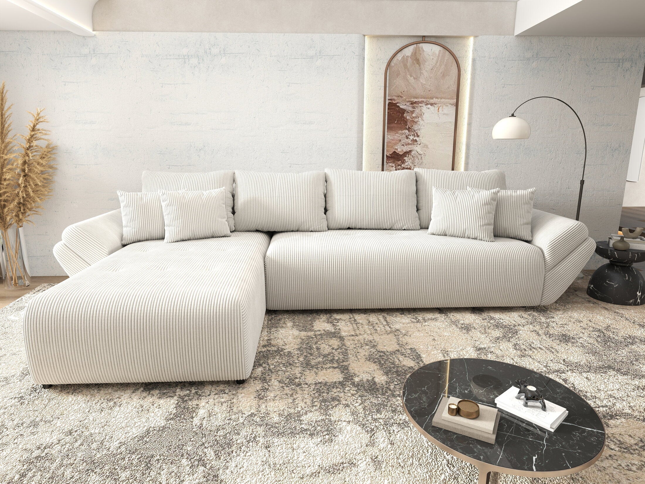 Colțar extensibil dumonde cu ladă de depozitare si sezut confortabil din spuma HR, Berlin XL Zoom Crem 350x185 cm