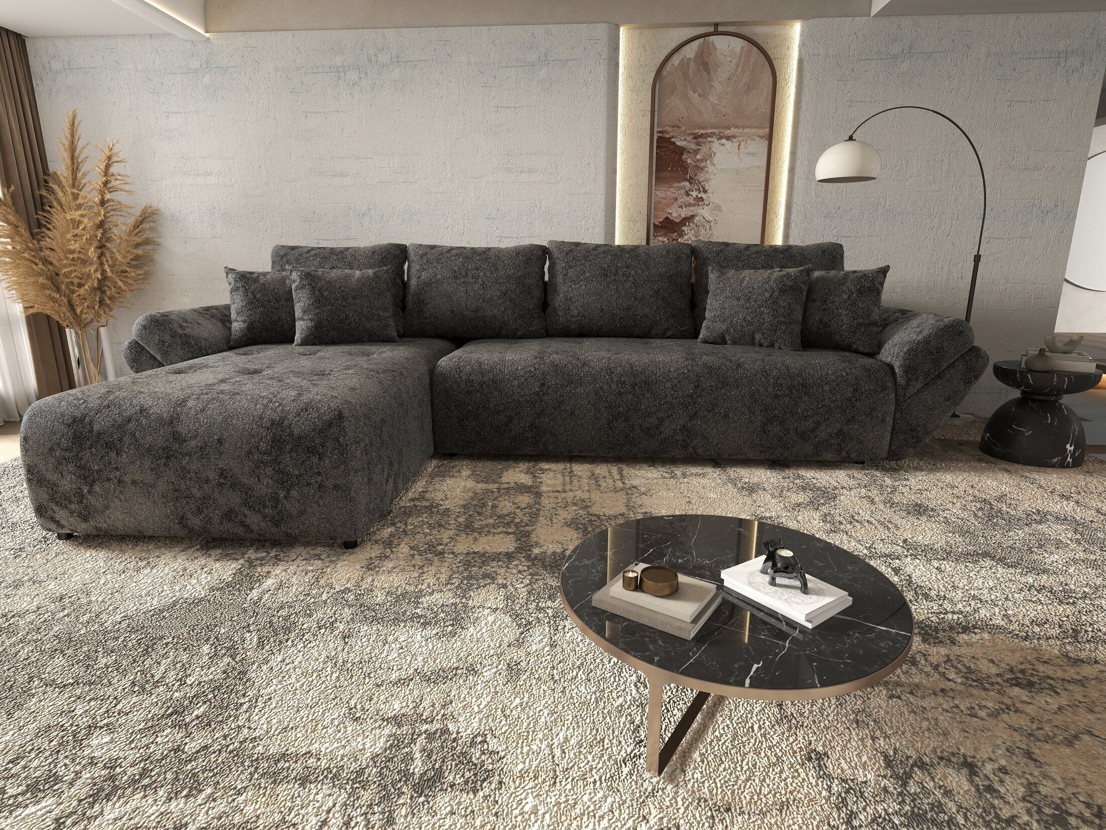 Colțar extensibil dumonde cu ladă de depozitare si sezut confortabil din spuma HR, Berlin XL Euphoria Negru 350x185 cm