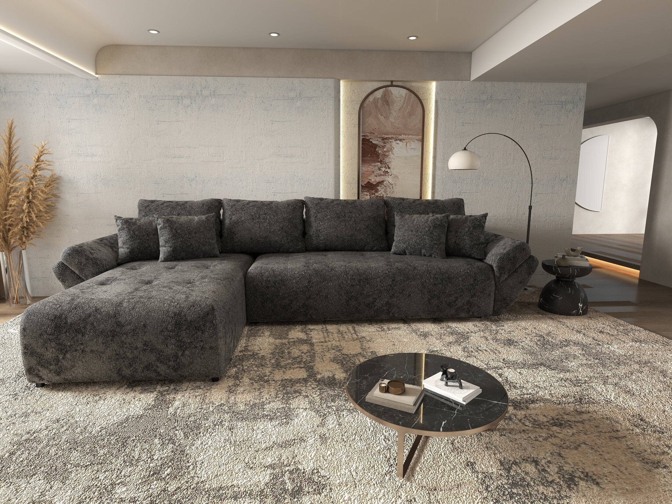 Colțar extensibil dumonde cu ladă de depozitare si sezut confortabil din spuma HR, Berlin XL Euphoria Negru 350x185 cm