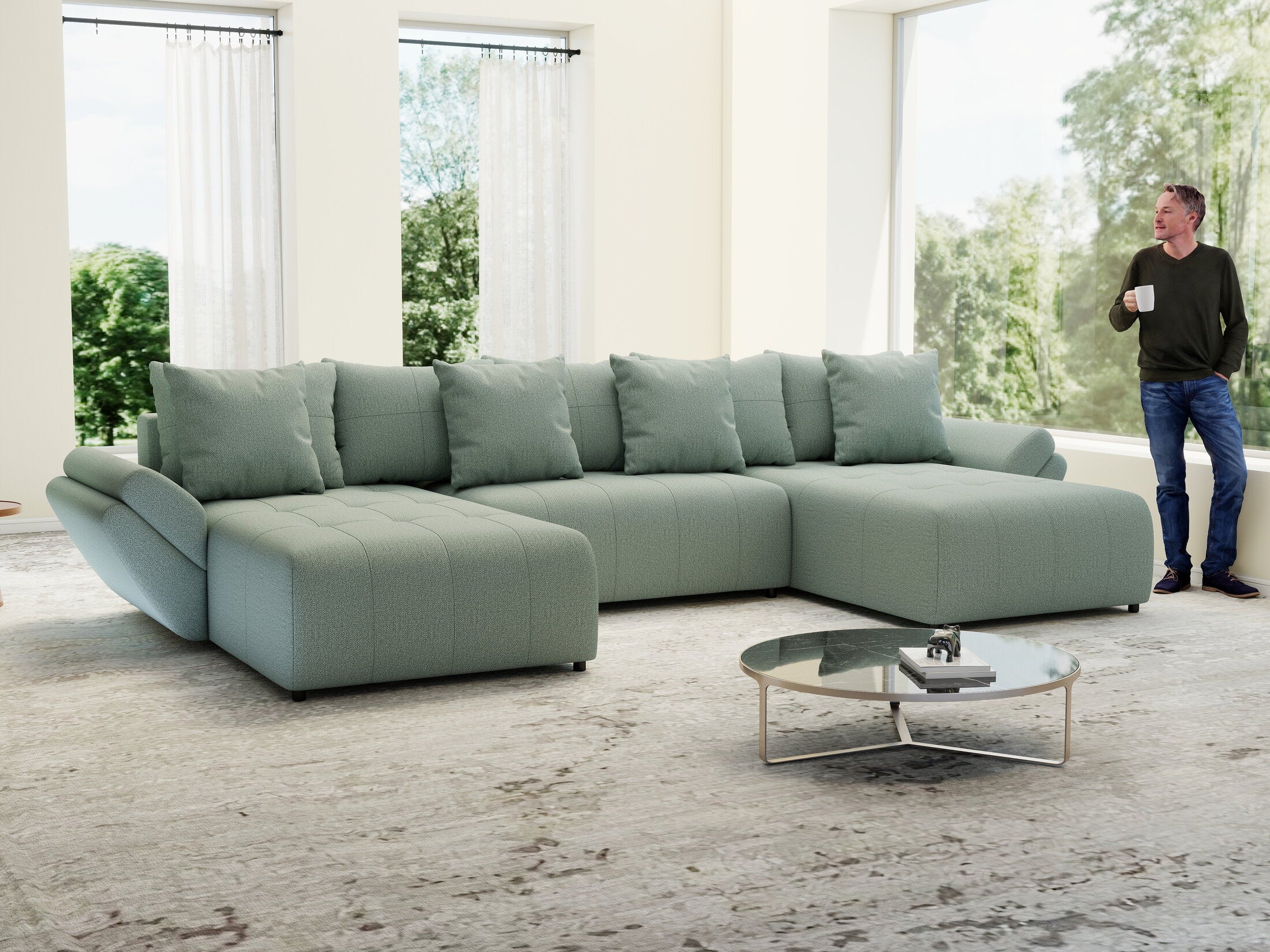 Colțar extensibil dumonde cu ladă de depozitare si sezut confortabil din spuma HR, Berlin U Enjoy Mint 380x180 cm