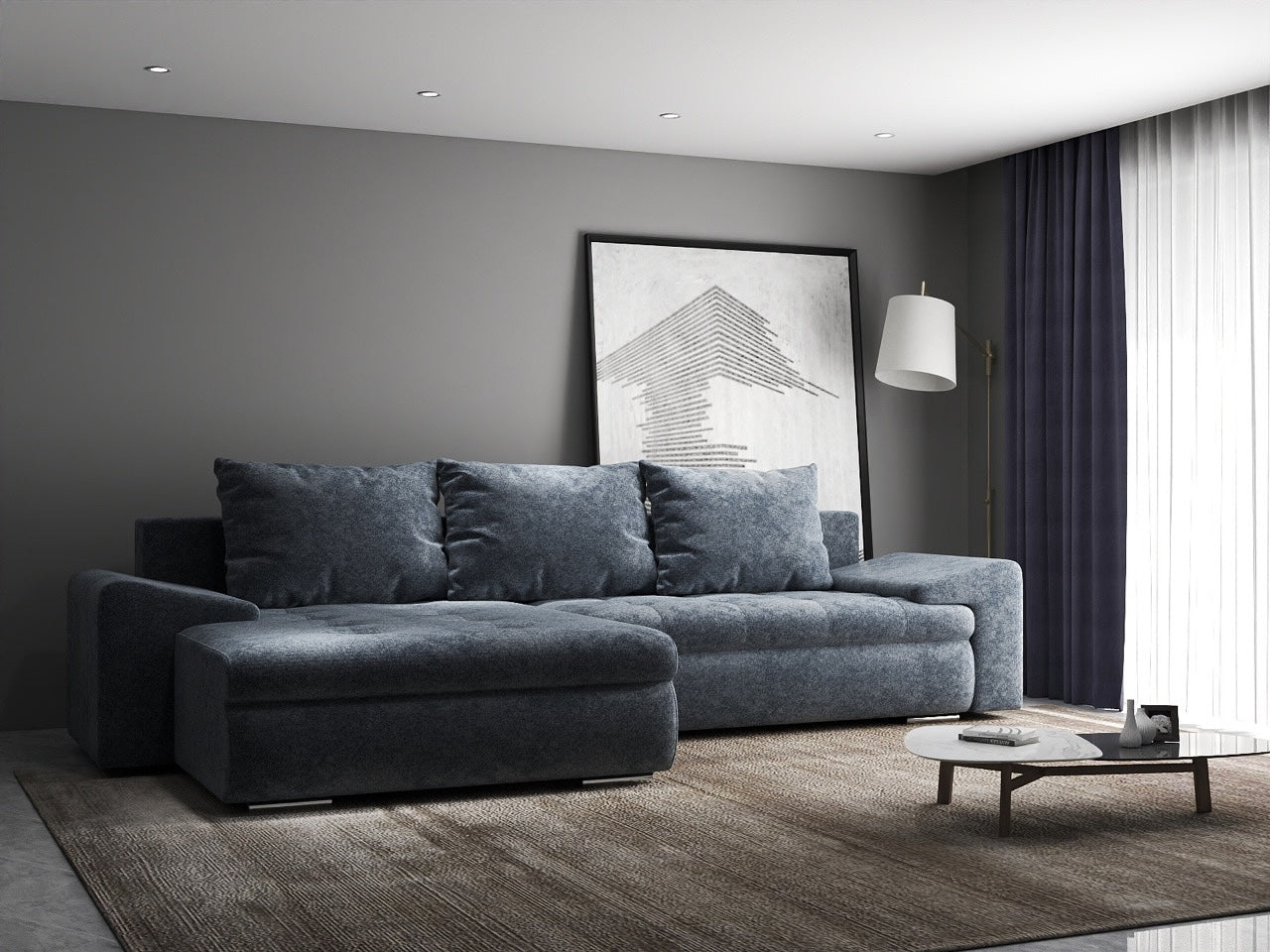 Colțar extensibil dumonde cu ladă de depozitare si sezut confortabil din spuma HR, Leonardo Euphoria Grafit 255x193 cm Fabrica