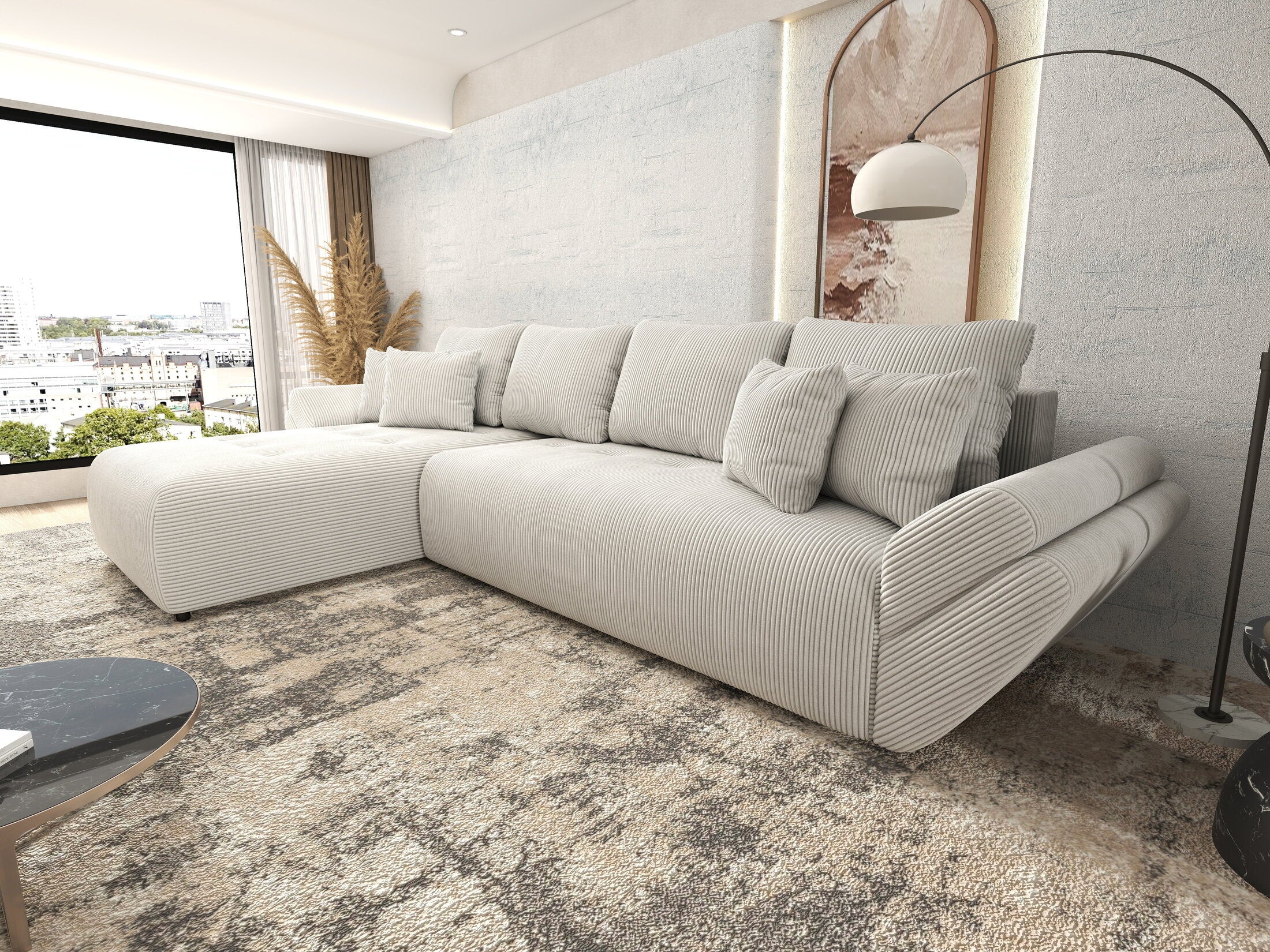 Colțar extensibil dumonde cu ladă de depozitare si sezut confortabil din spuma HR, Berlin XL Zoom Crem 350x185 cm