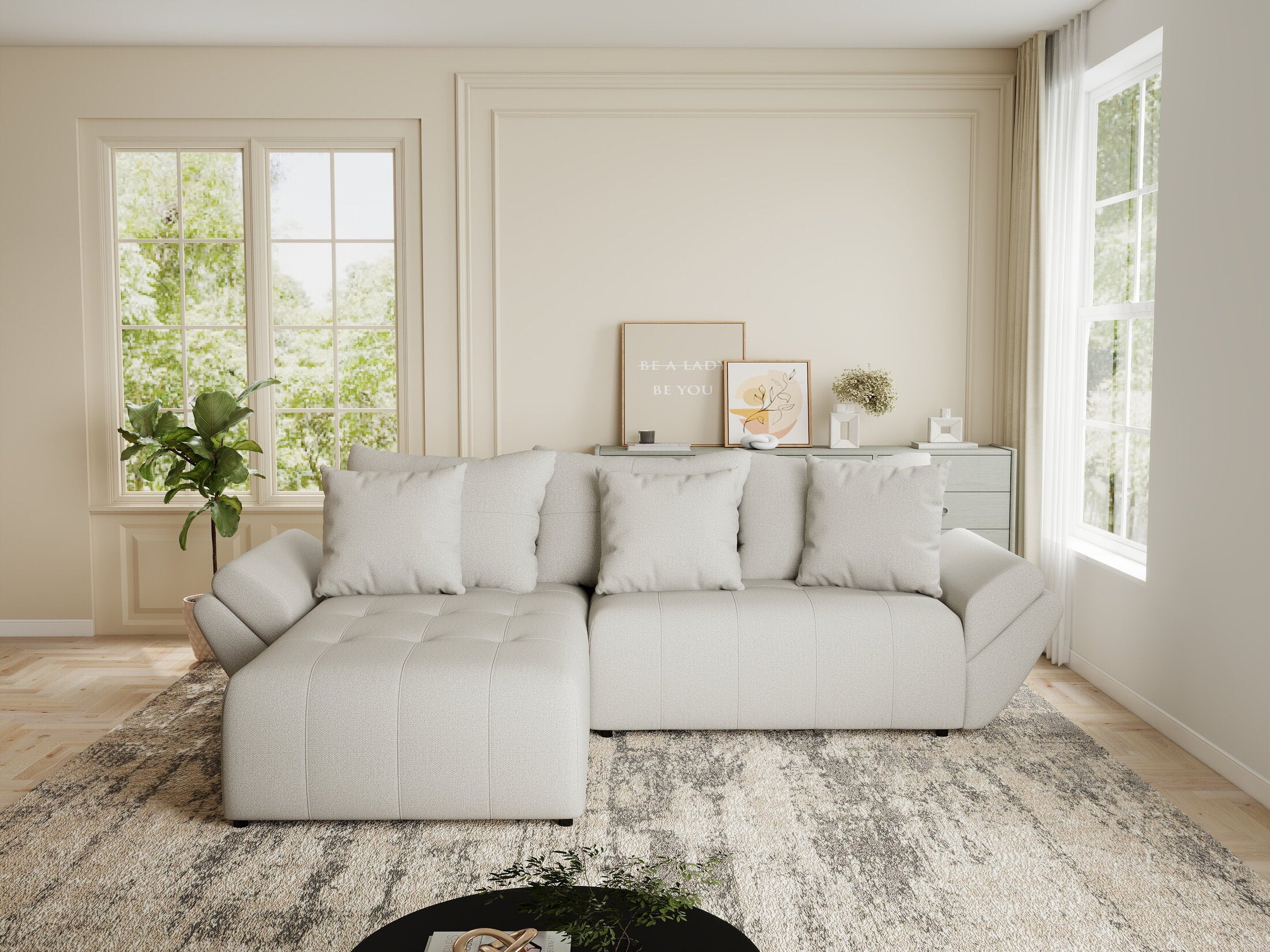 Colțar extensibil dumonde cu ladă de depozitare si sezut confortabil din spuma HR, Berlin Enjoy Bej 280x185 cm