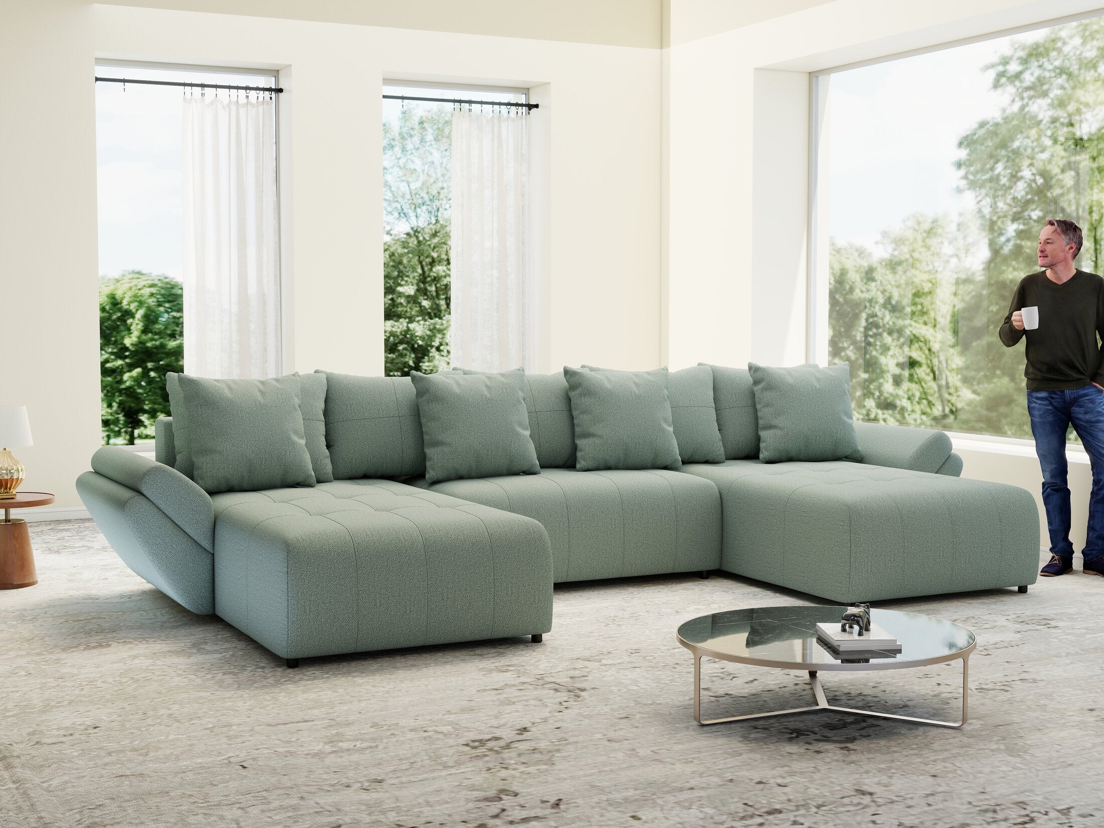 Colțar extensibil dumonde cu ladă de depozitare si sezut confortabil din spuma HR, Berlin U Enjoy Mint 380x180 cm