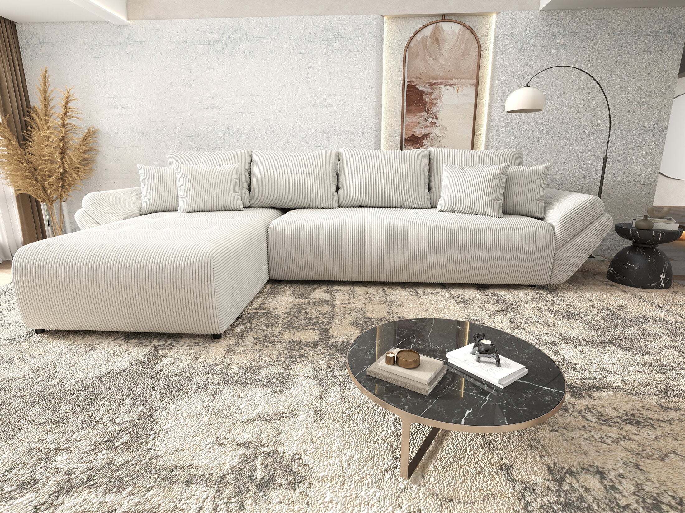 Colțar extensibil dumonde cu ladă de depozitare si sezut confortabil din spuma HR, Berlin XL Zoom Crem 350x185 cm