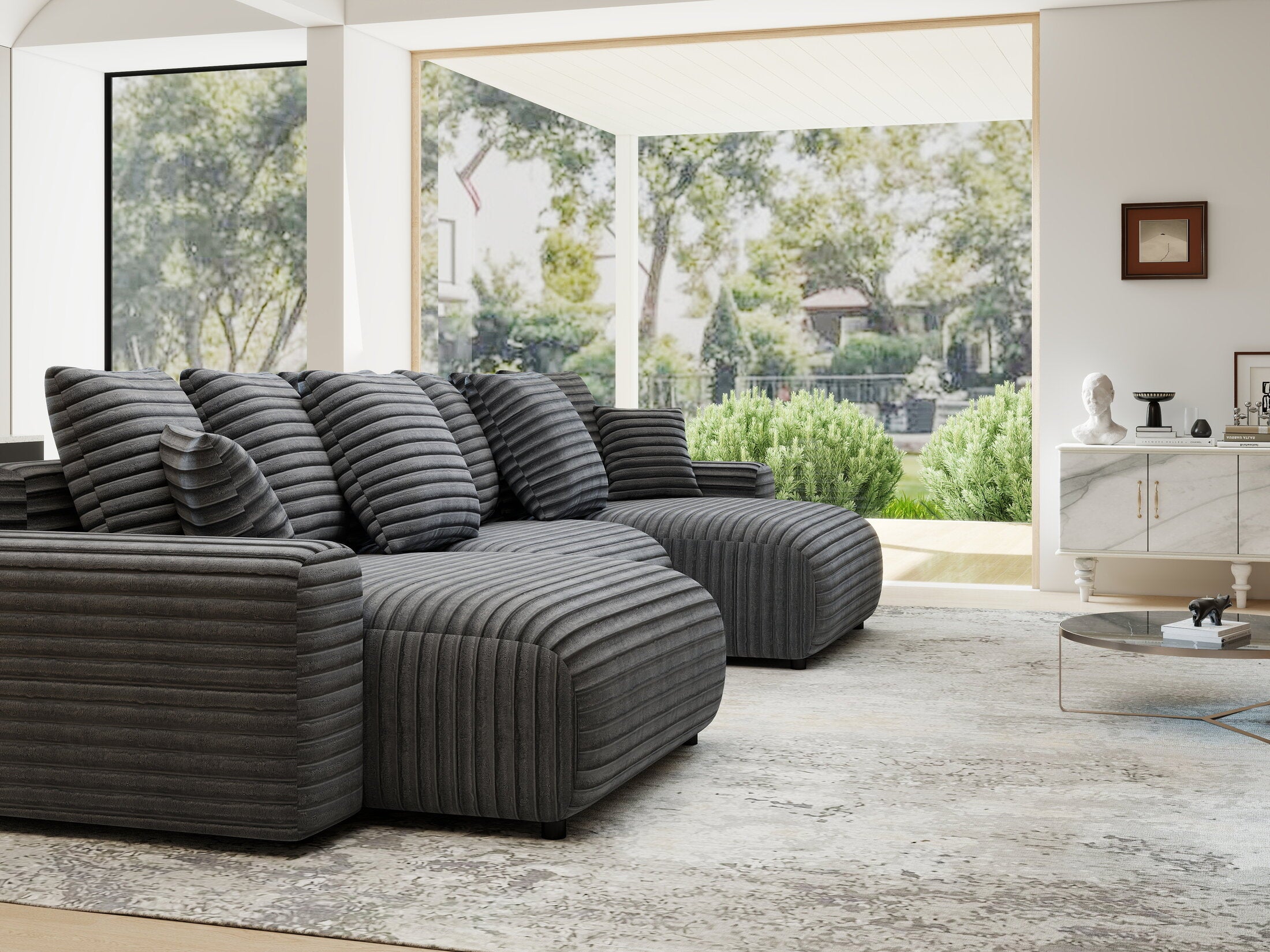 Colțar extensibil dumonde cu ladă de depozitare si sezut confortabil din spuma HR, Luma U Ambience Gri 336x140 cm