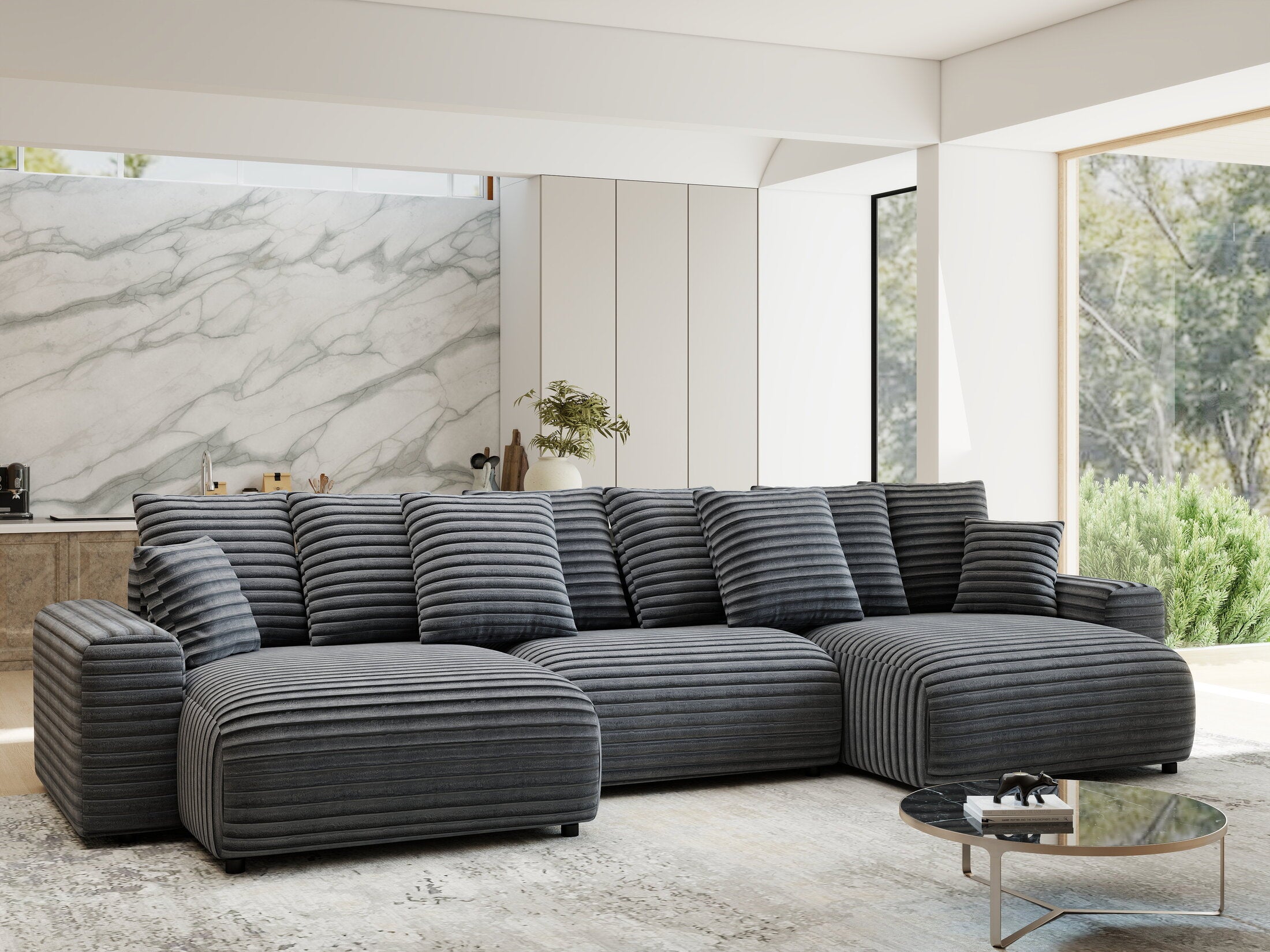 Colțar extensibil dumonde cu ladă de depozitare si sezut confortabil din spuma HR, Luma U Ambience Gri 336x140 cm