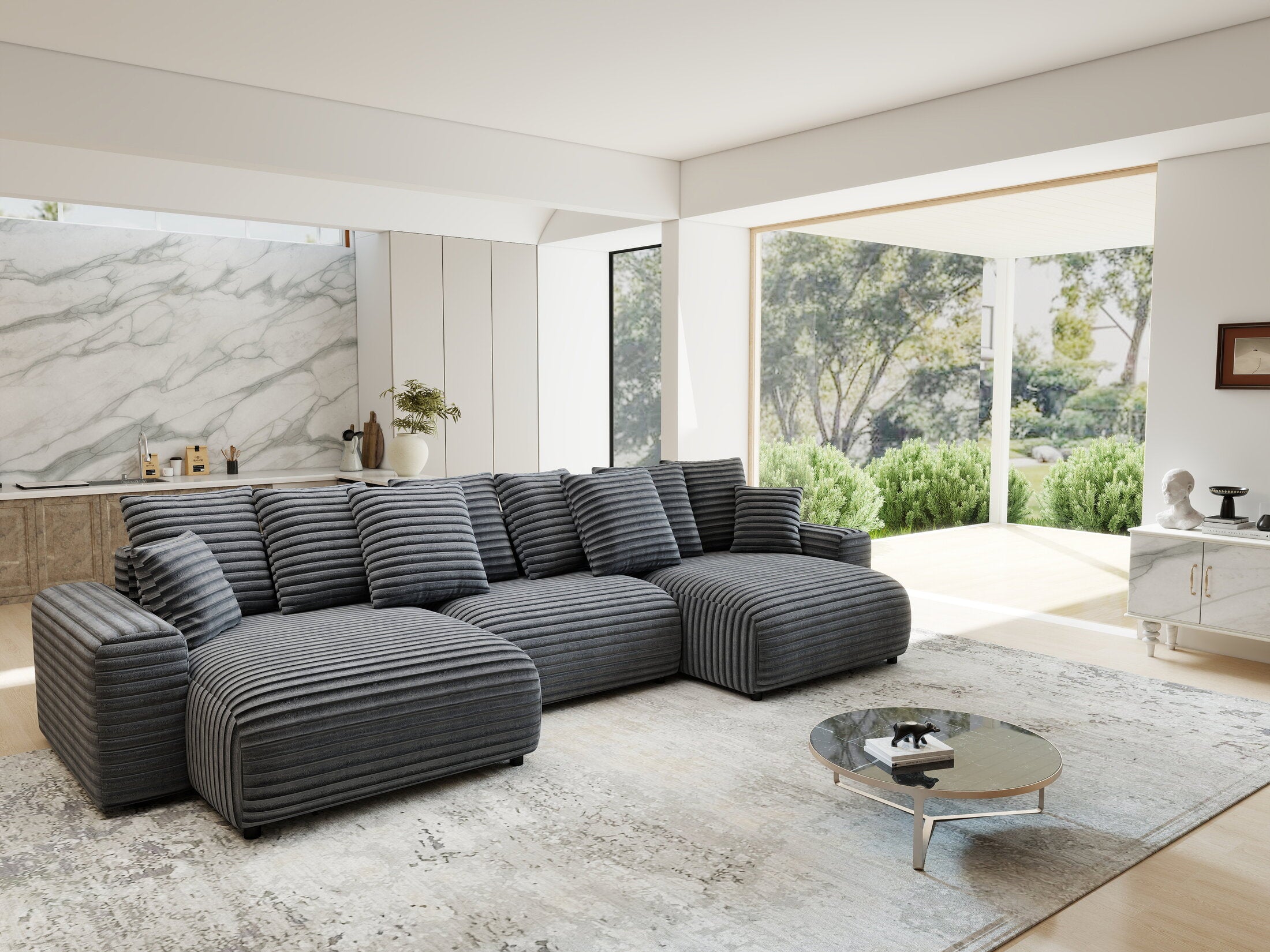 Colțar extensibil dumonde cu ladă de depozitare si sezut confortabil din spuma HR, Luma U Ambience Gri 336x140 cm