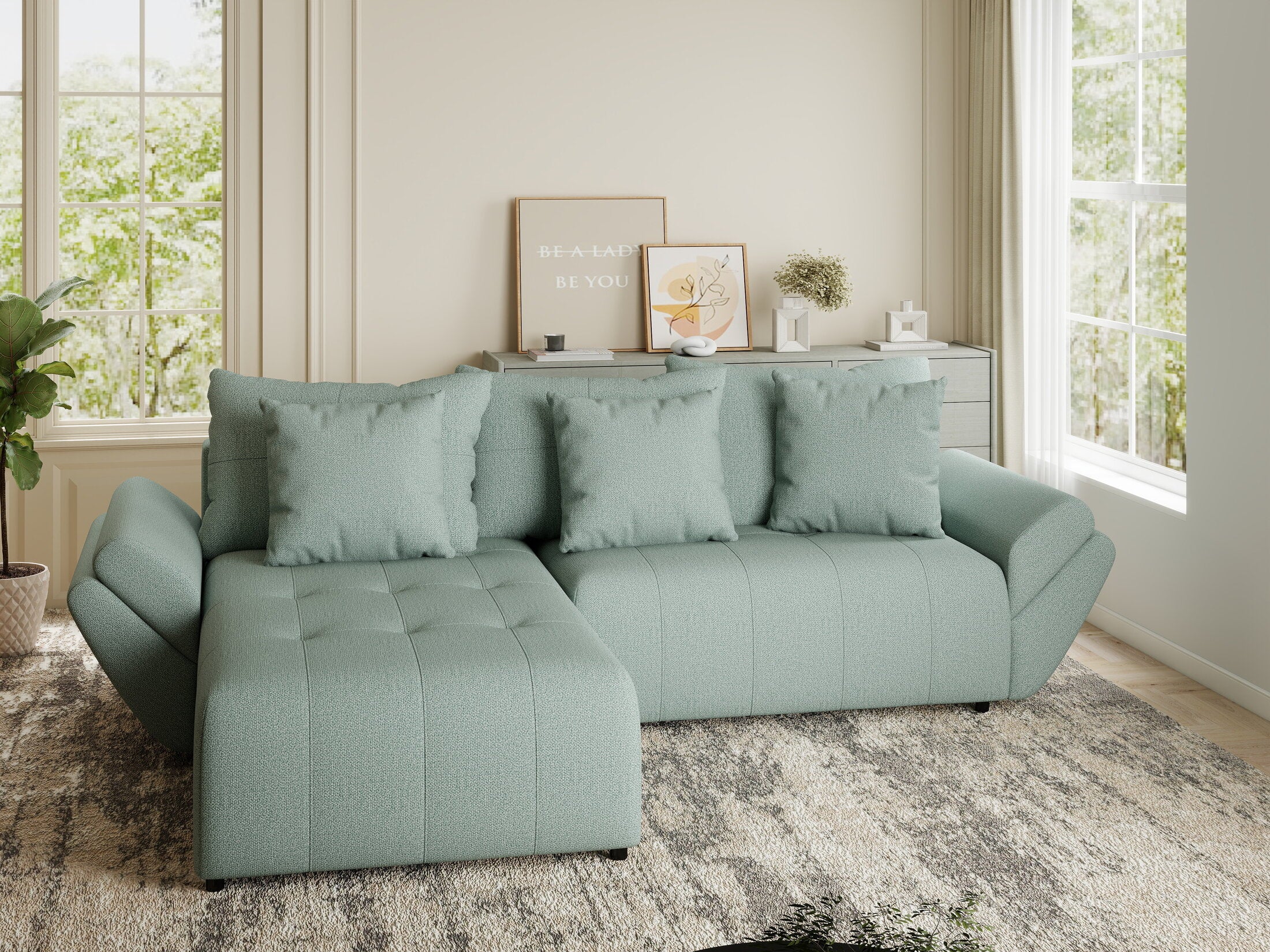 Colțar extensibil dumonde cu ladă de depozitare si sezut confortabil din spuma HR, Berlin Enjoy Verde Mint 280x185 cm