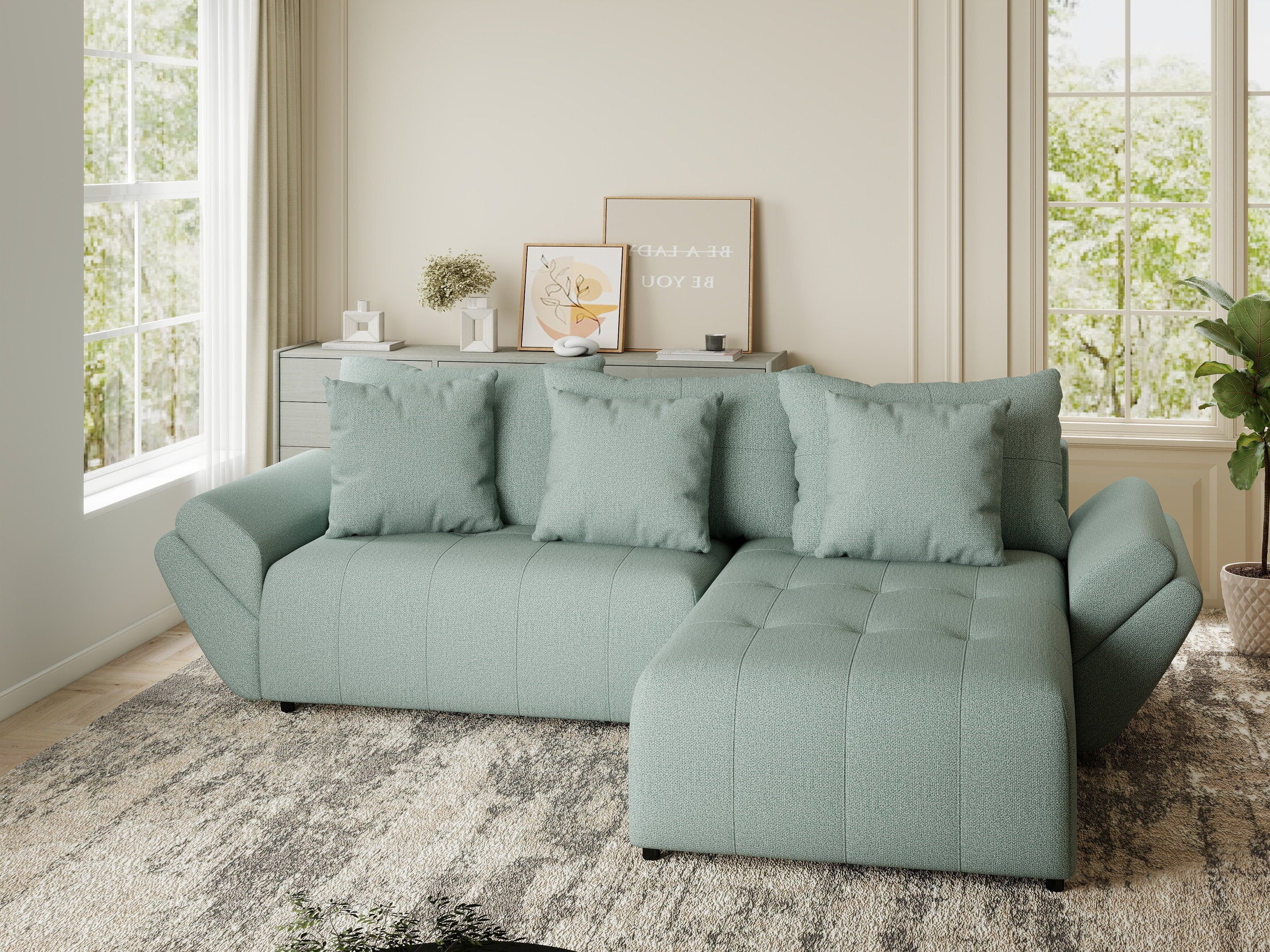 Colțar extensibil dumonde cu ladă de depozitare si sezut confortabil din spuma HR, Berlin Enjoy Verde Mint 280x185 cm II