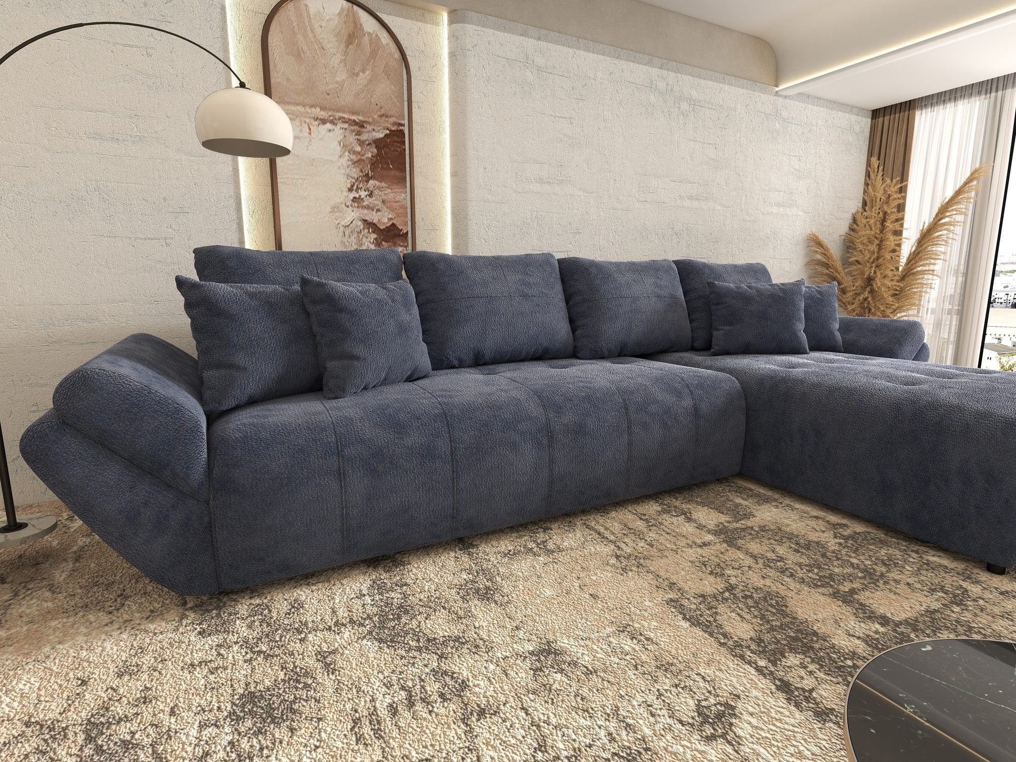 Colțar extensibil dumonde cu ladă de depozitare si sezut confortabil din spuma high-density, Berlin XL Vibe Albastru 79 II 350x185 cm