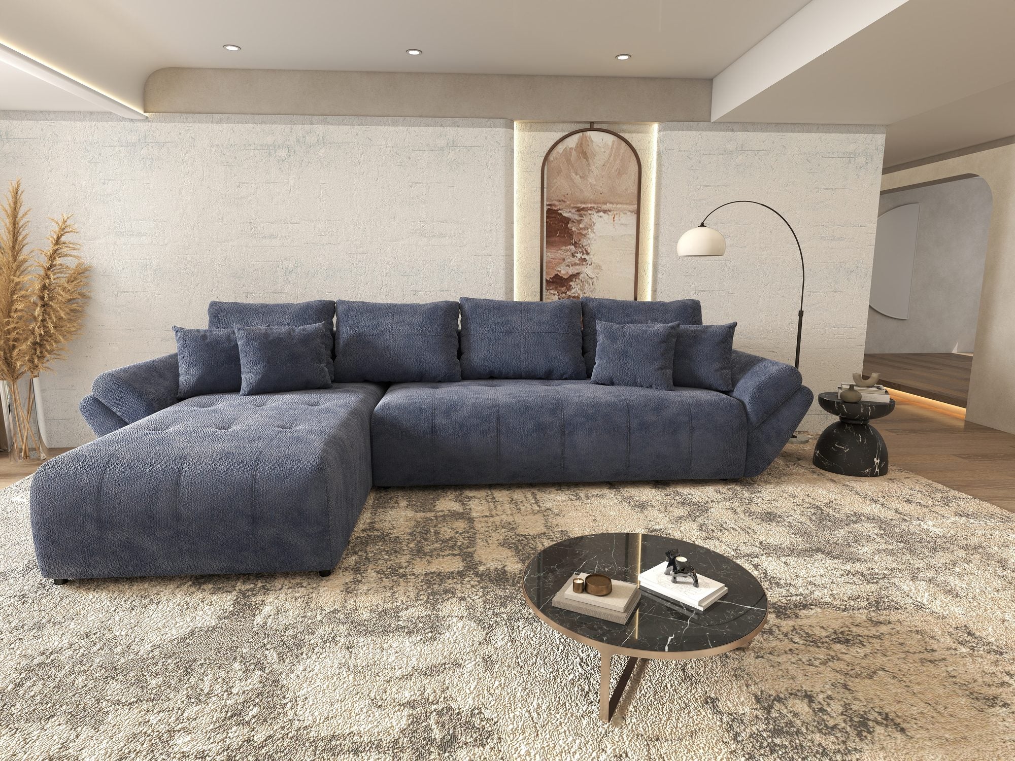 Colțar extensibil dumonde cu ladă de depozitare si sezut confortabil din spuma high-density, Berlin XL Vibe Albastru 79 350x185 cm