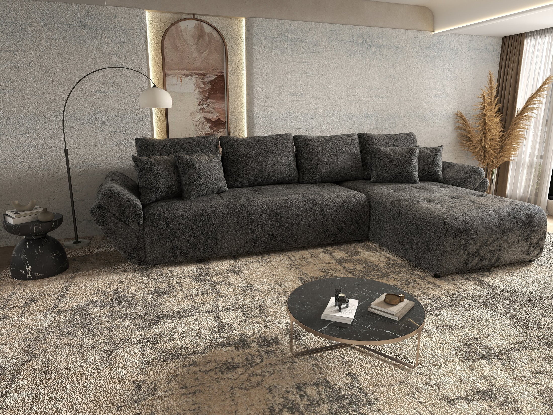 Colțar extensibil dumonde cu ladă de depozitare si sezut confortabil din spuma HR, Berlin XL Euphoria Negru 350x185 cm II