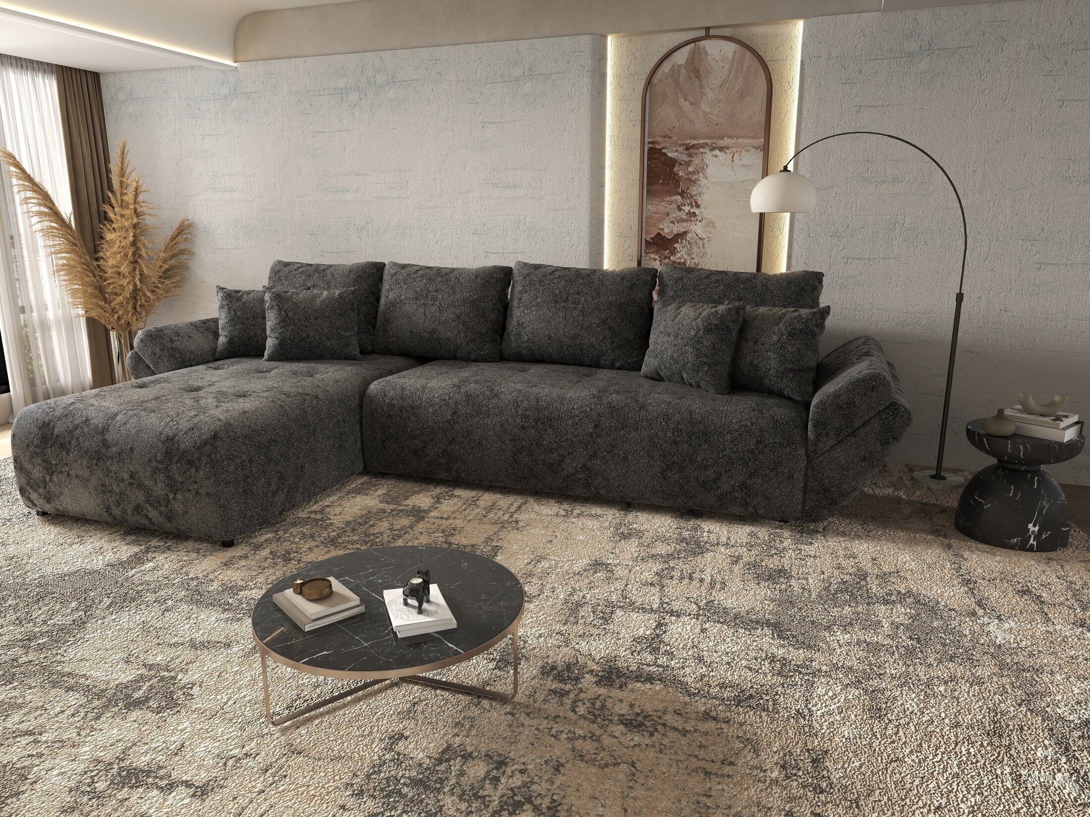 Colțar extensibil dumonde cu ladă de depozitare si sezut confortabil din spuma HR, Berlin XL Euphoria Negru 350x185 cm