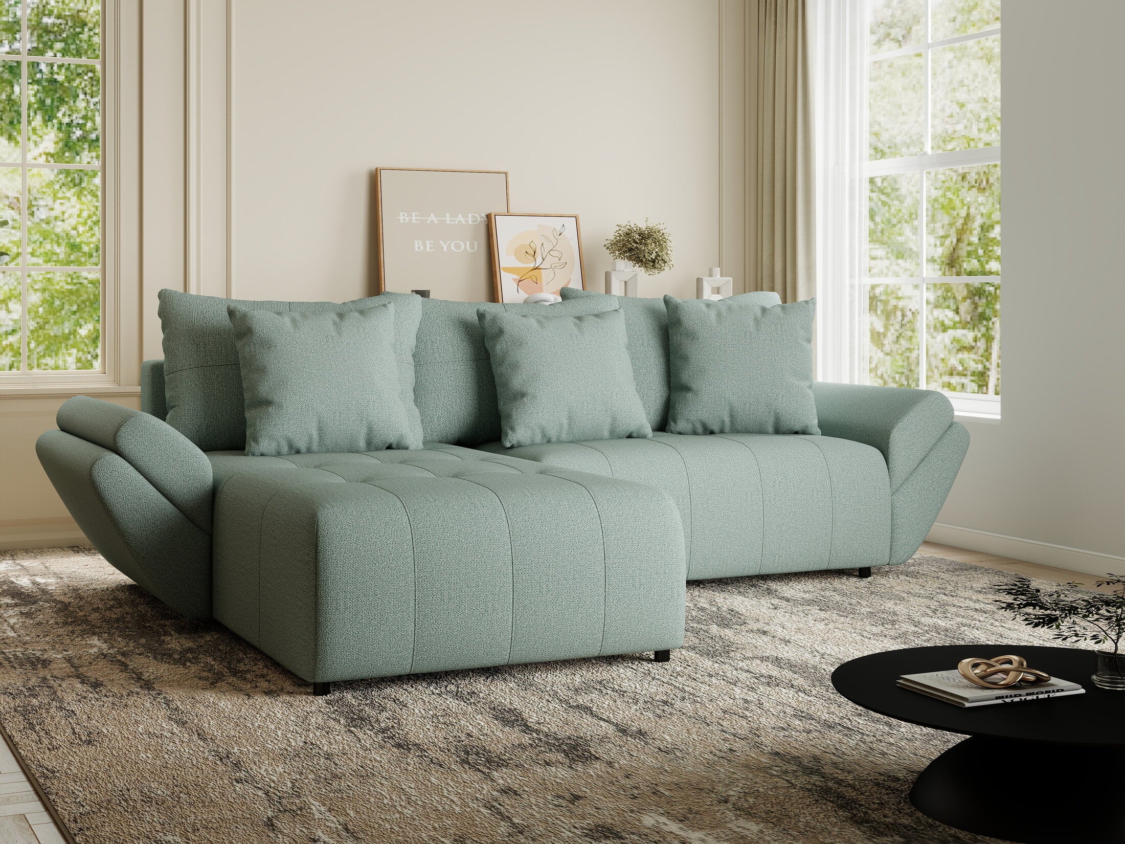 Colțar extensibil dumonde cu ladă de depozitare si sezut confortabil din spuma HR, Berlin Enjoy Verde Mint 280x185 cm