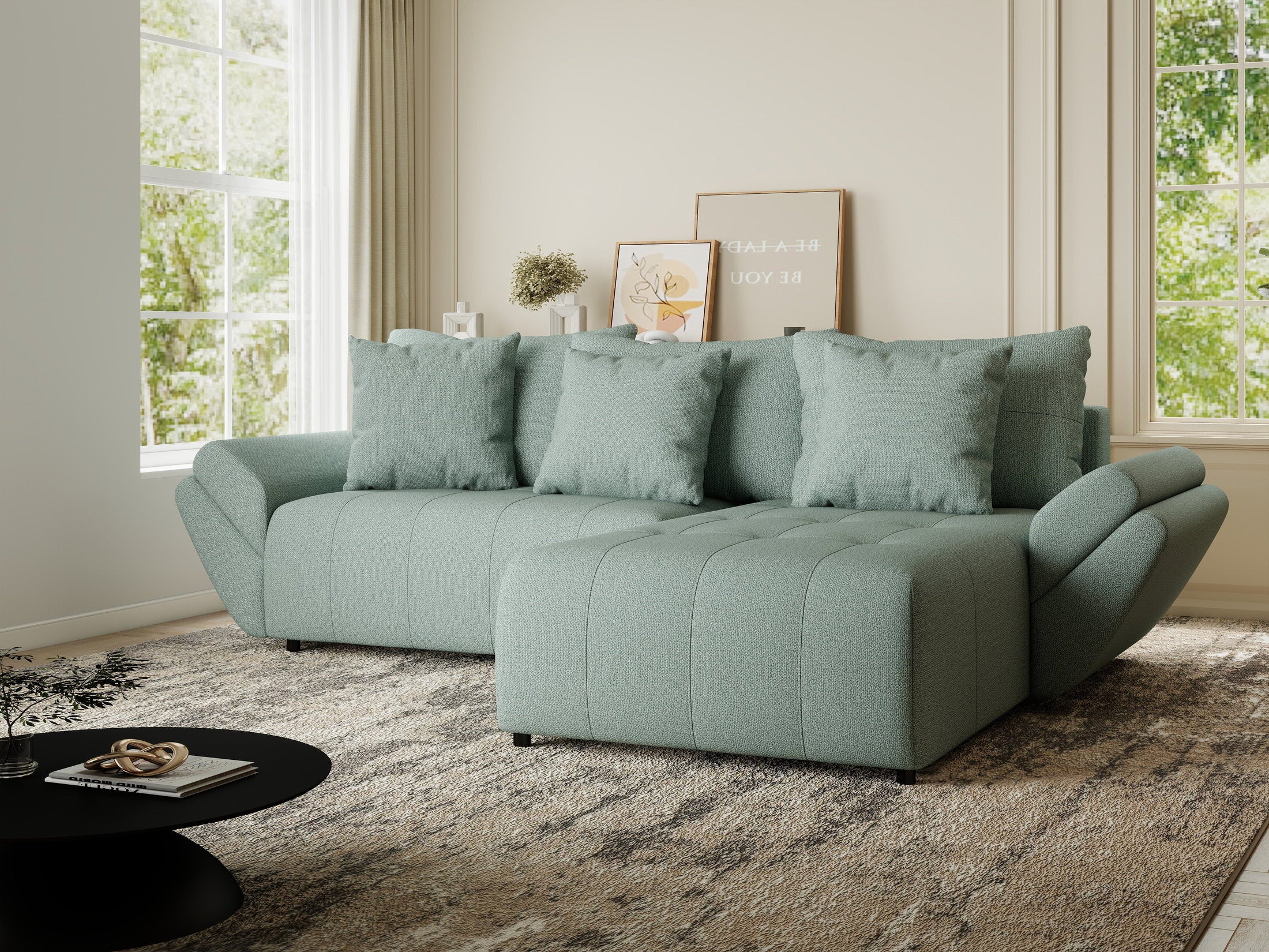 Colțar extensibil dumonde cu ladă de depozitare si sezut confortabil din spuma HR, Berlin Enjoy Verde Mint 280x185 cm II