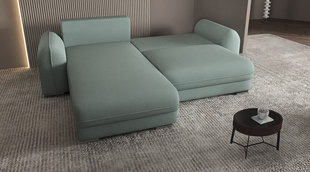 Colțar extensibil dumonde cu ladă de depozitare si sezut confortabil din spuma HR, Denver Enjoy Verde Mint 275x185 cm Fabrica