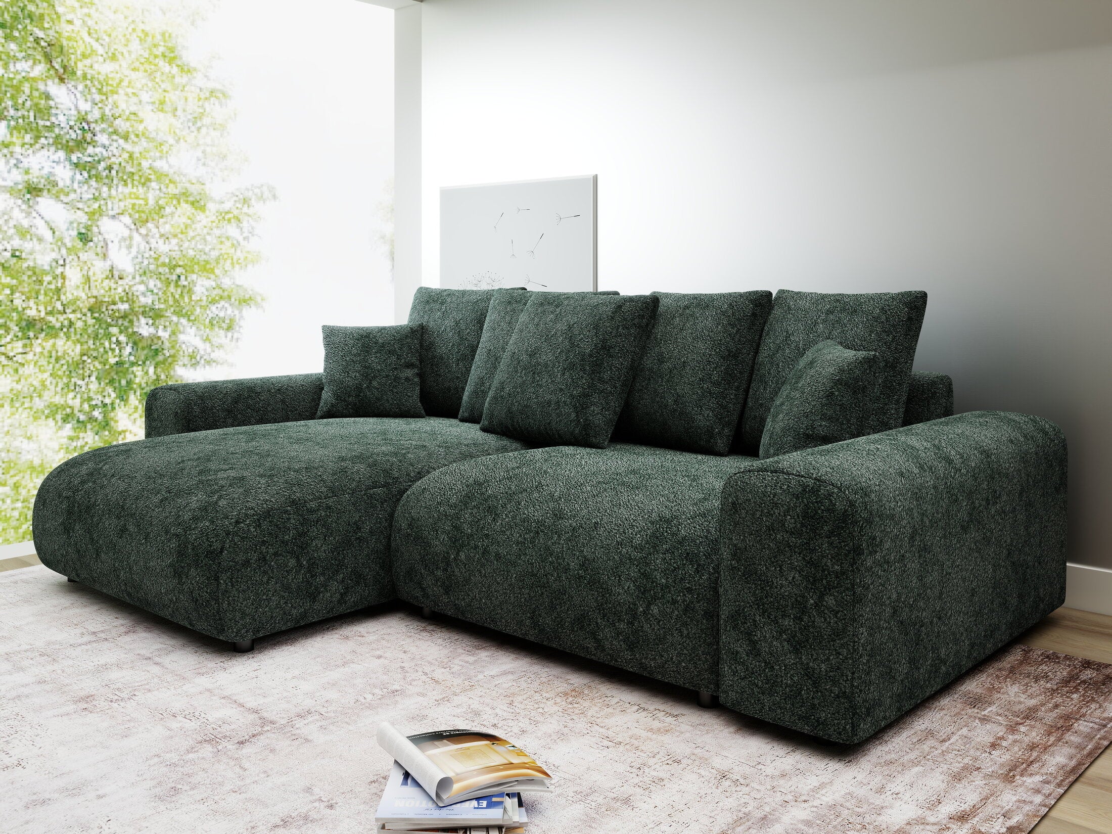 Colțar extensibil dumonde cu ladă de depozitare și șezut confortabil din spumă HR, Luma Euphoria Verde 255x168 cm