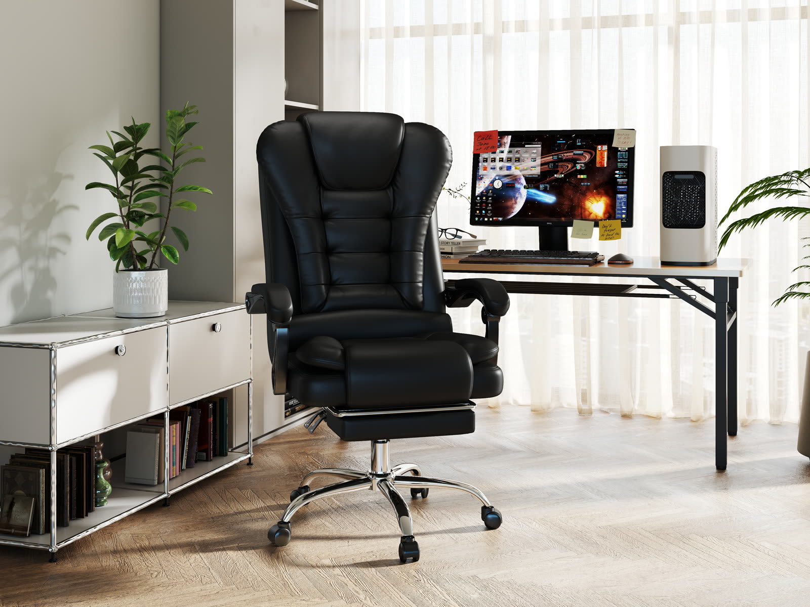 Scaun Directorial Dumonde OMEGA, cotiere 3D, mecanism multifuncțional, ecopiele, suport picioare, negru