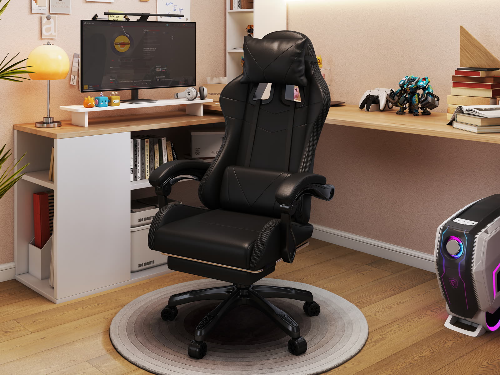 Scaun gaming Dumonde PULSE, LED, mecanism multifuncțional, ecopiele, suport picioare, negru