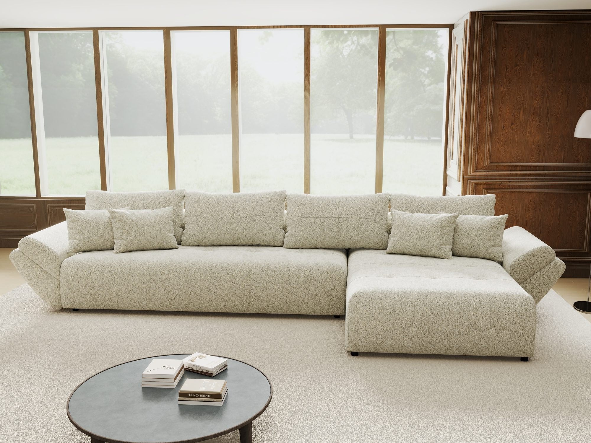 Colțar extensibil dumonde cu ladă de depozitare si sezut confortabil din spuma high-density, Berlin XL Arena Bej 20 II 350x185 cm
