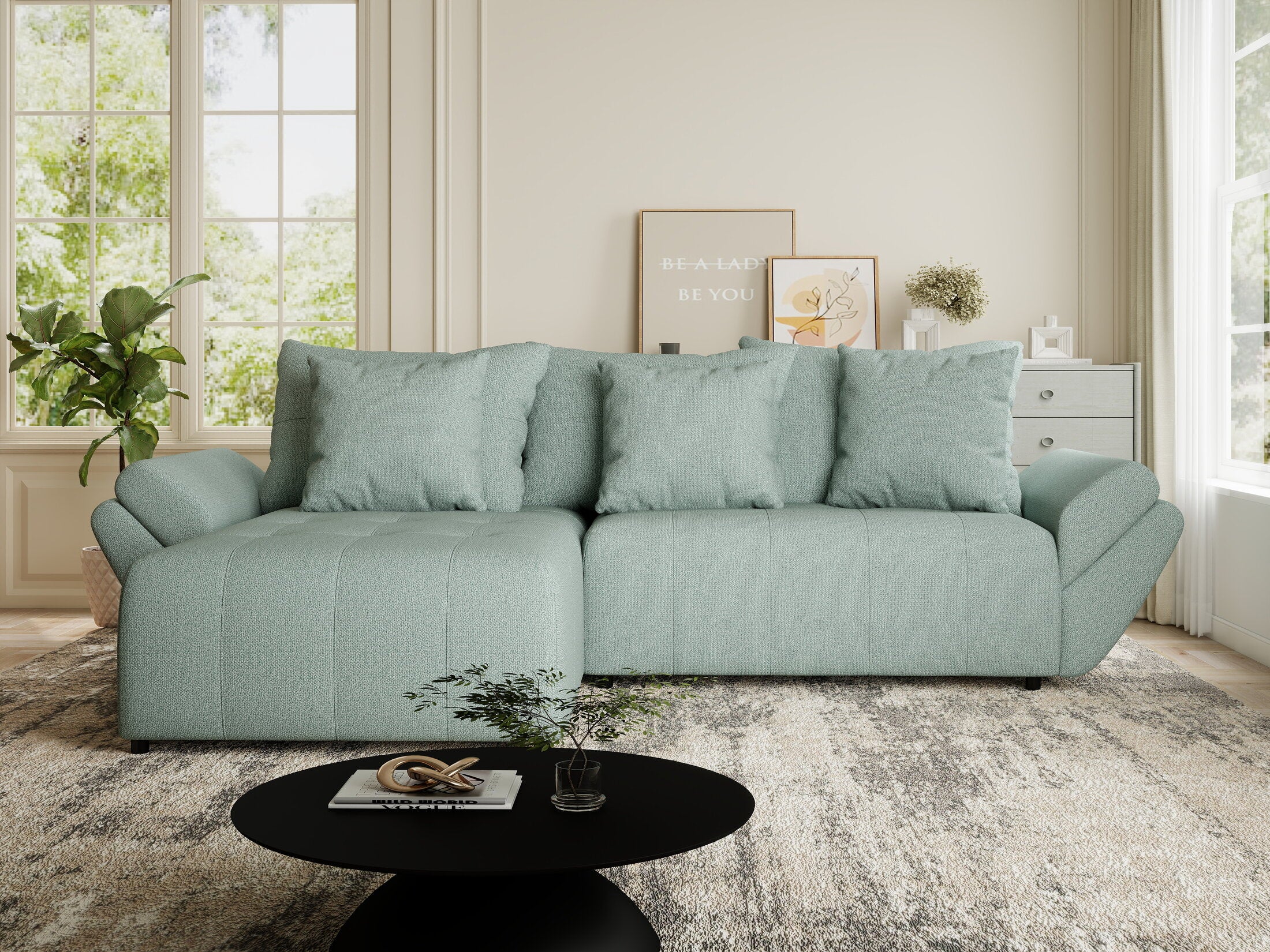 Colțar extensibil dumonde cu ladă de depozitare si sezut confortabil din spuma HR, Berlin Enjoy Verde Mint 280x185 cm