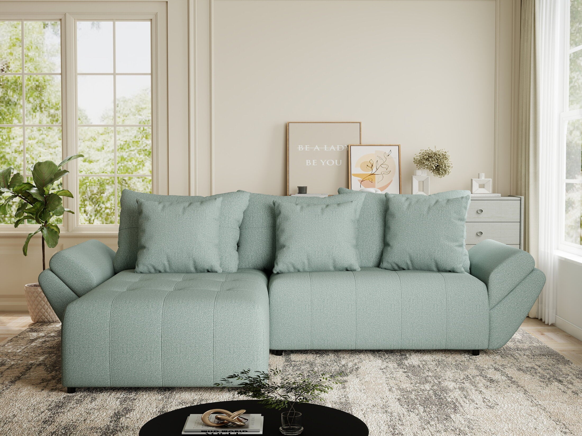 Colțar extensibil dumonde cu ladă de depozitare si sezut confortabil din spuma HR, Berlin Enjoy Verde Mint 280x185 cm