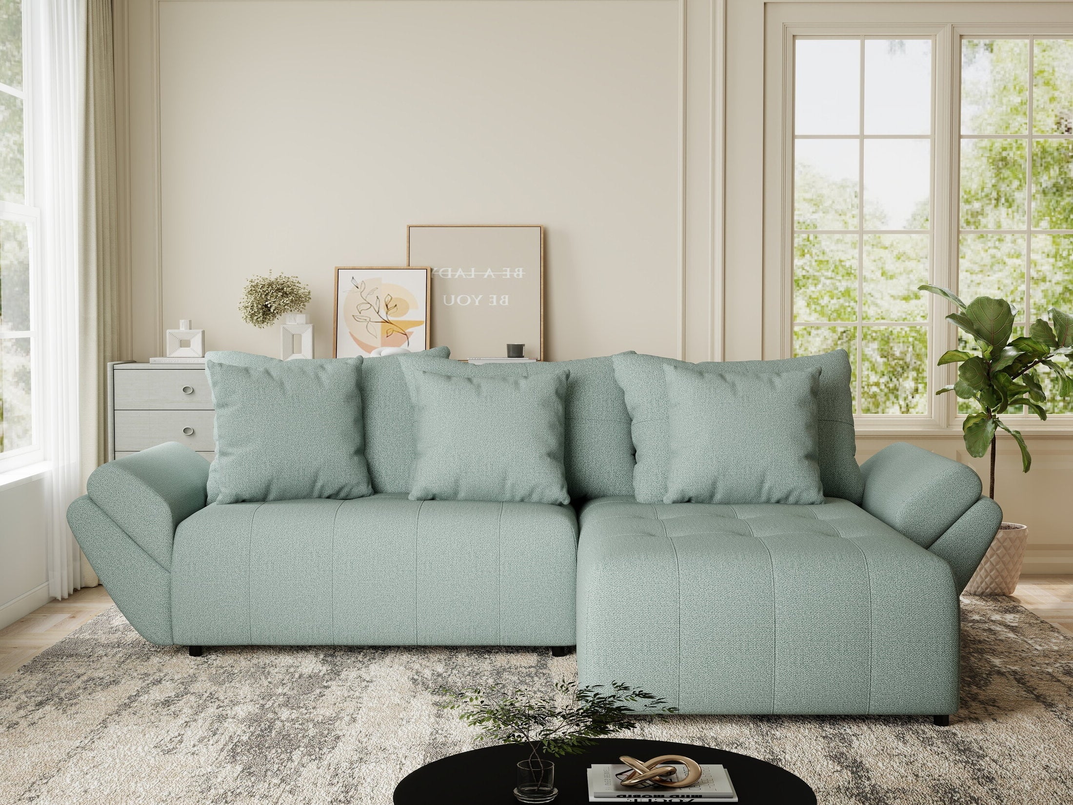 Colțar extensibil dumonde cu ladă de depozitare si sezut confortabil din spuma HR, Berlin Enjoy Verde Mint 280x185 cm II