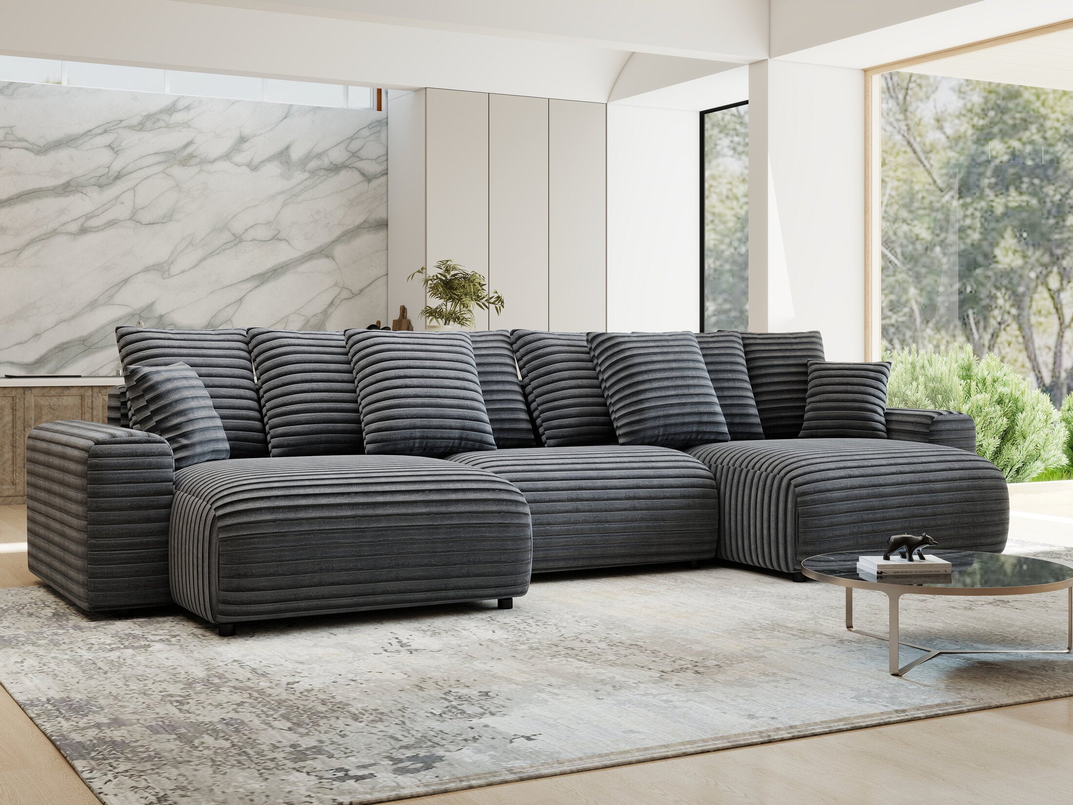 Colțar extensibil dumonde cu ladă de depozitare si sezut confortabil din spuma HR, Luma U Ambience Gri 336x140 cm