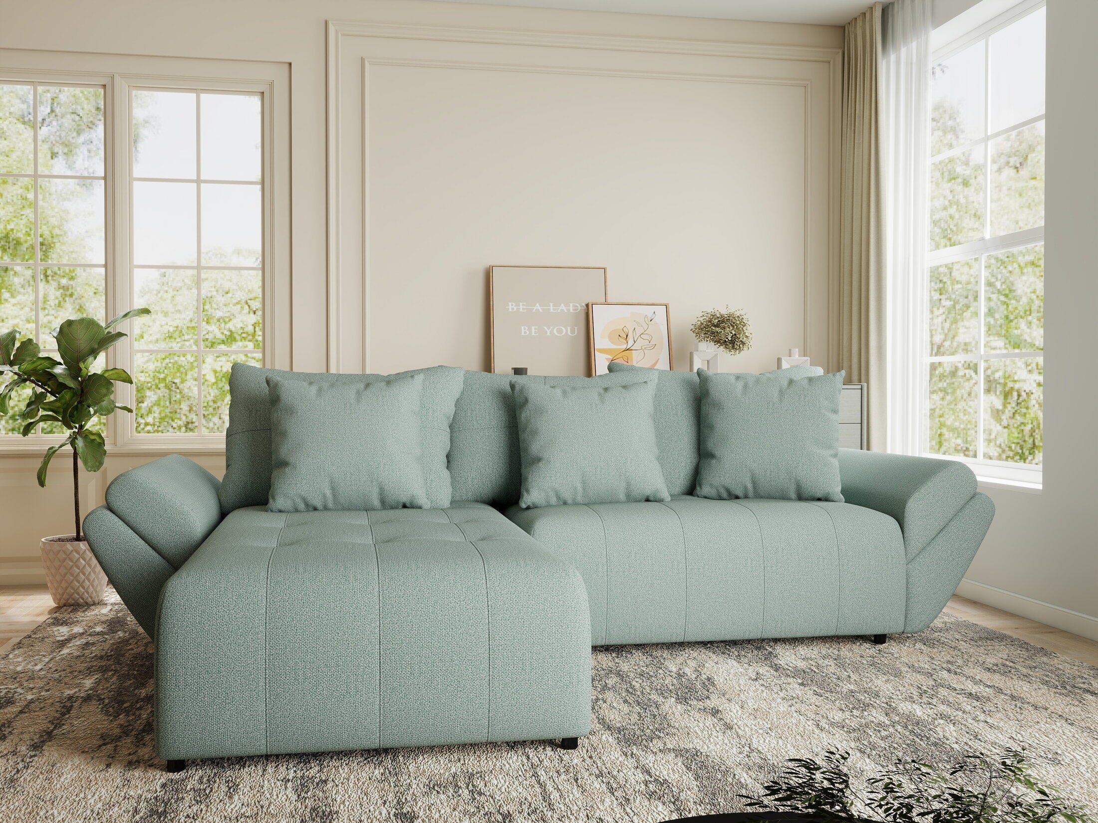 Colțar extensibil dumonde cu ladă de depozitare si sezut confortabil din spuma HR, Berlin Enjoy Verde Mint 280x185 cm