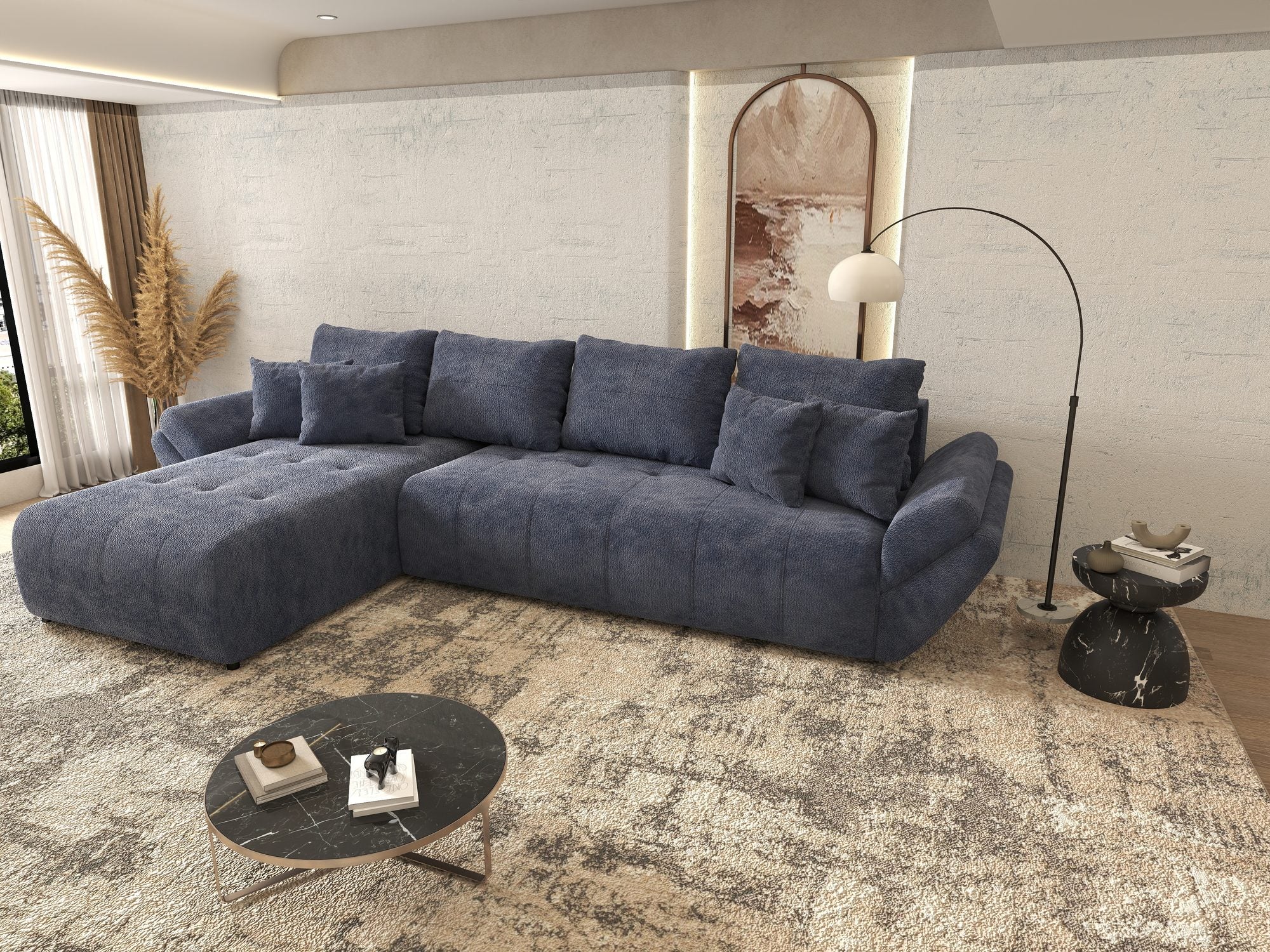 Colțar extensibil dumonde cu ladă de depozitare si sezut confortabil din spuma high-density, Berlin XL Vibe Albastru 79 350x185 cm
