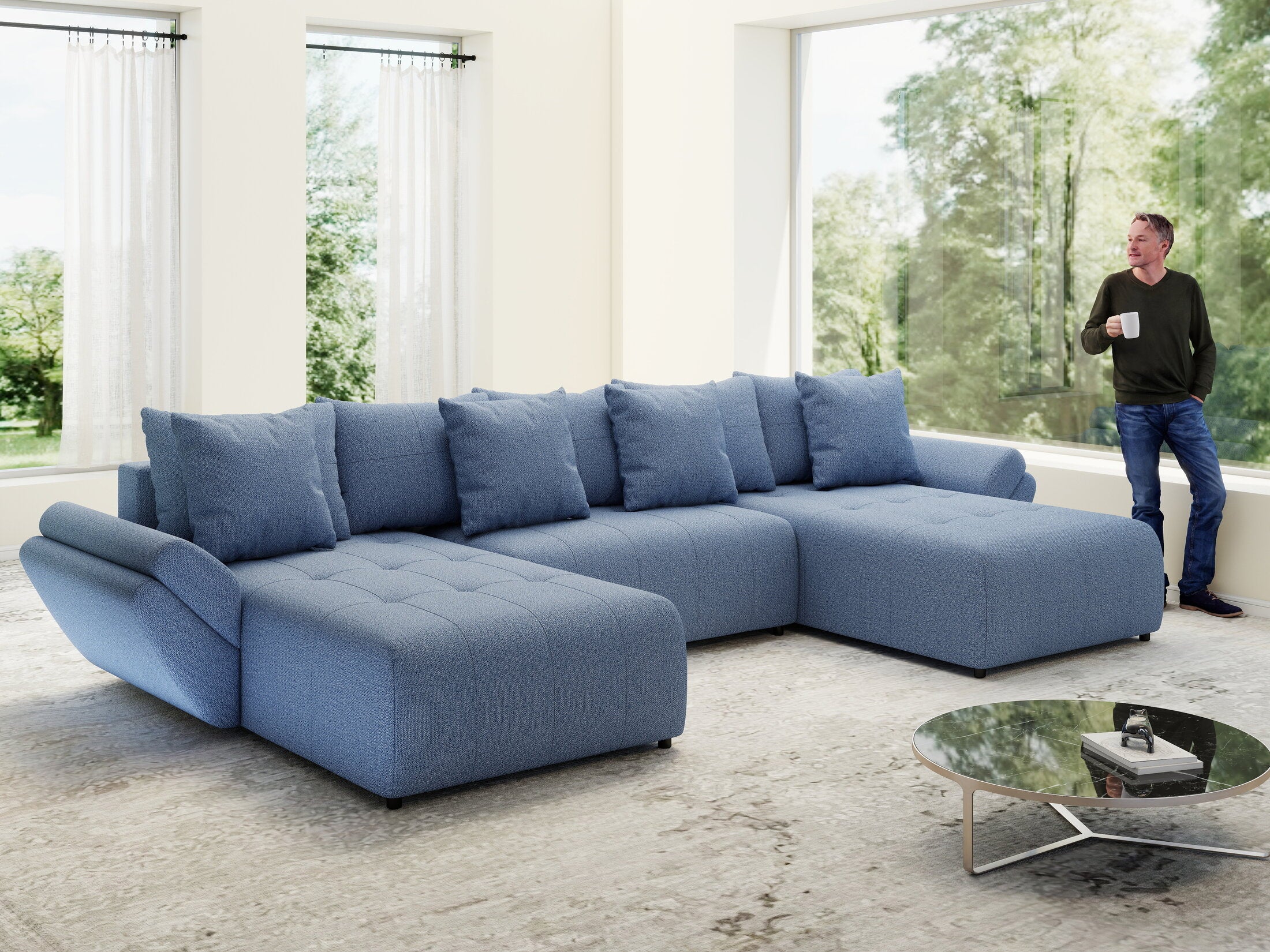 Colțar extensibil dumonde cu ladă de depozitare Berlin U Enjoy Blue 400x185 cm