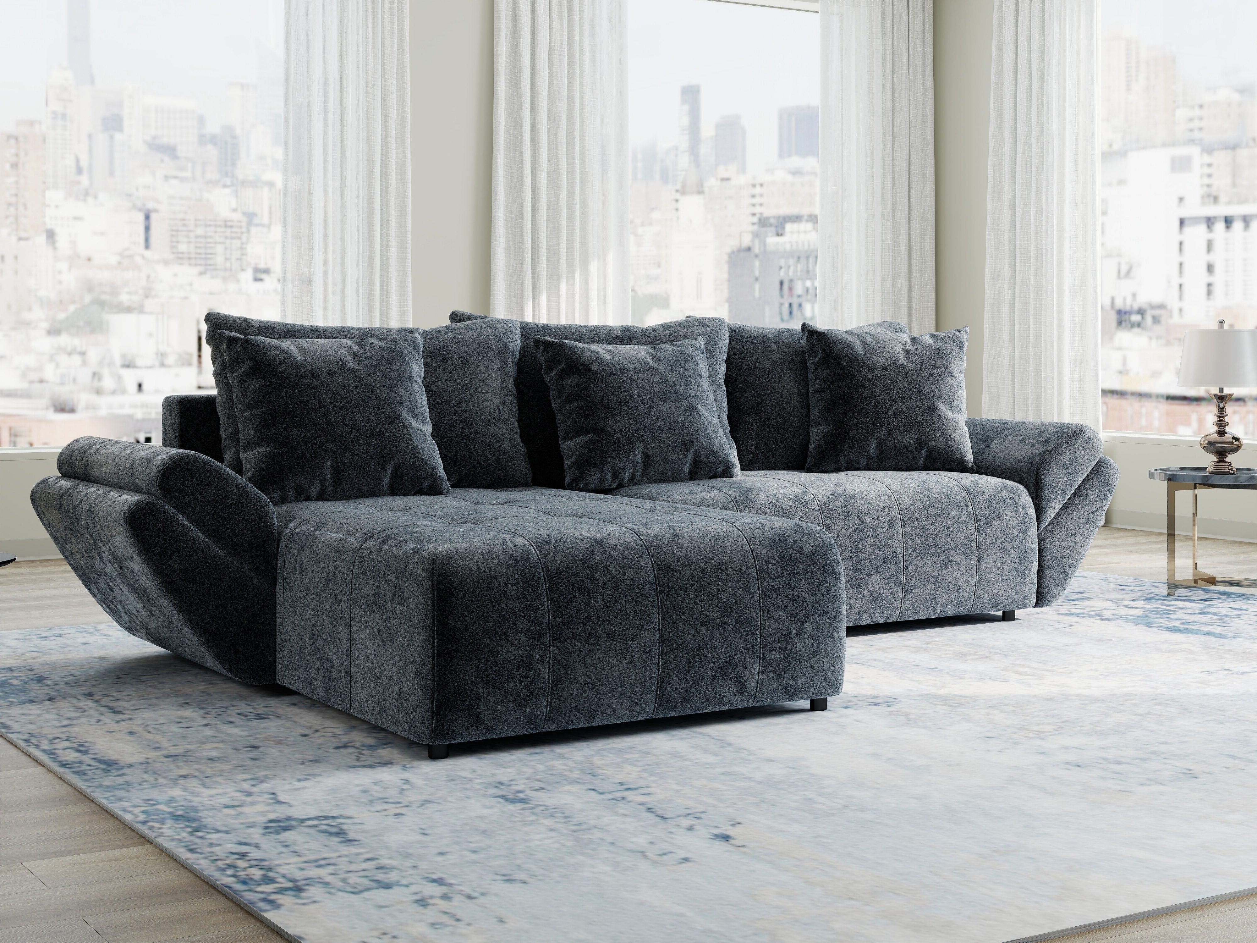 Colțar extensibil dumonde cu ladă de depozitare si sezut confortabil din spuma HR, Berlin Euphoria Gri Grafit 280x185 cm