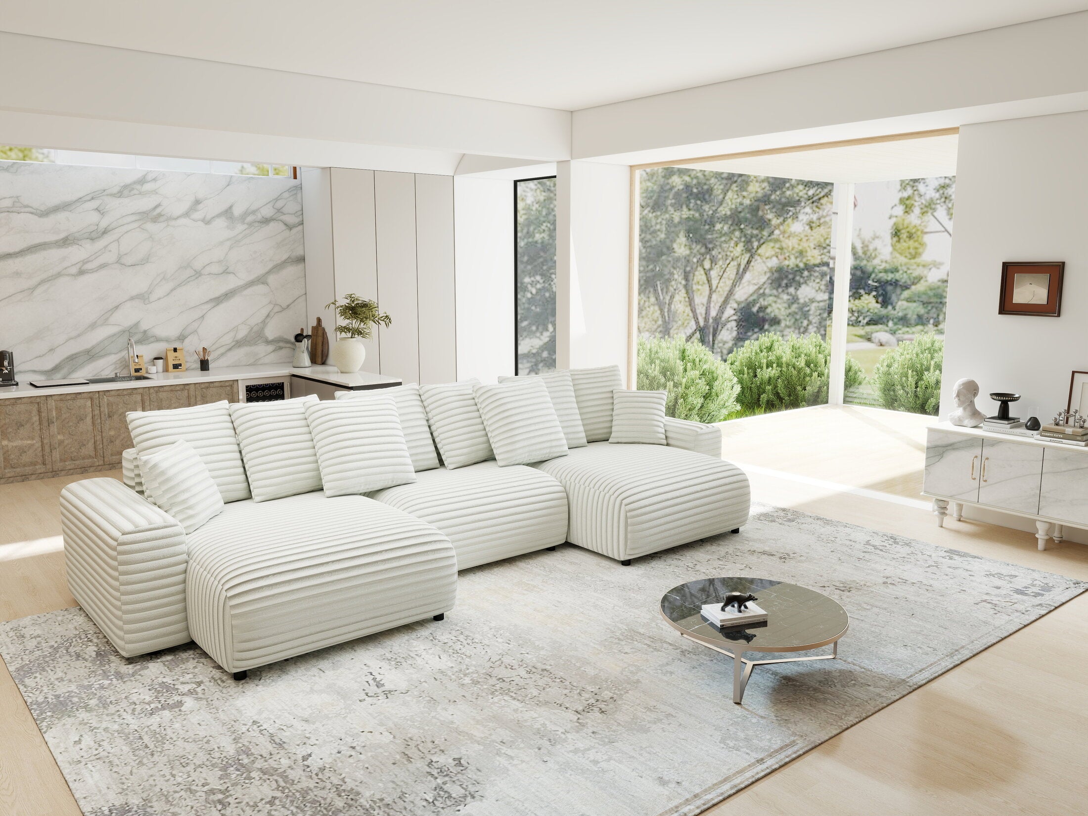 Colțar extensibil dumonde cu ladă de depozitare si sezut confortabil din spuma HR, Luma U Ambience Alb 336x140 cm