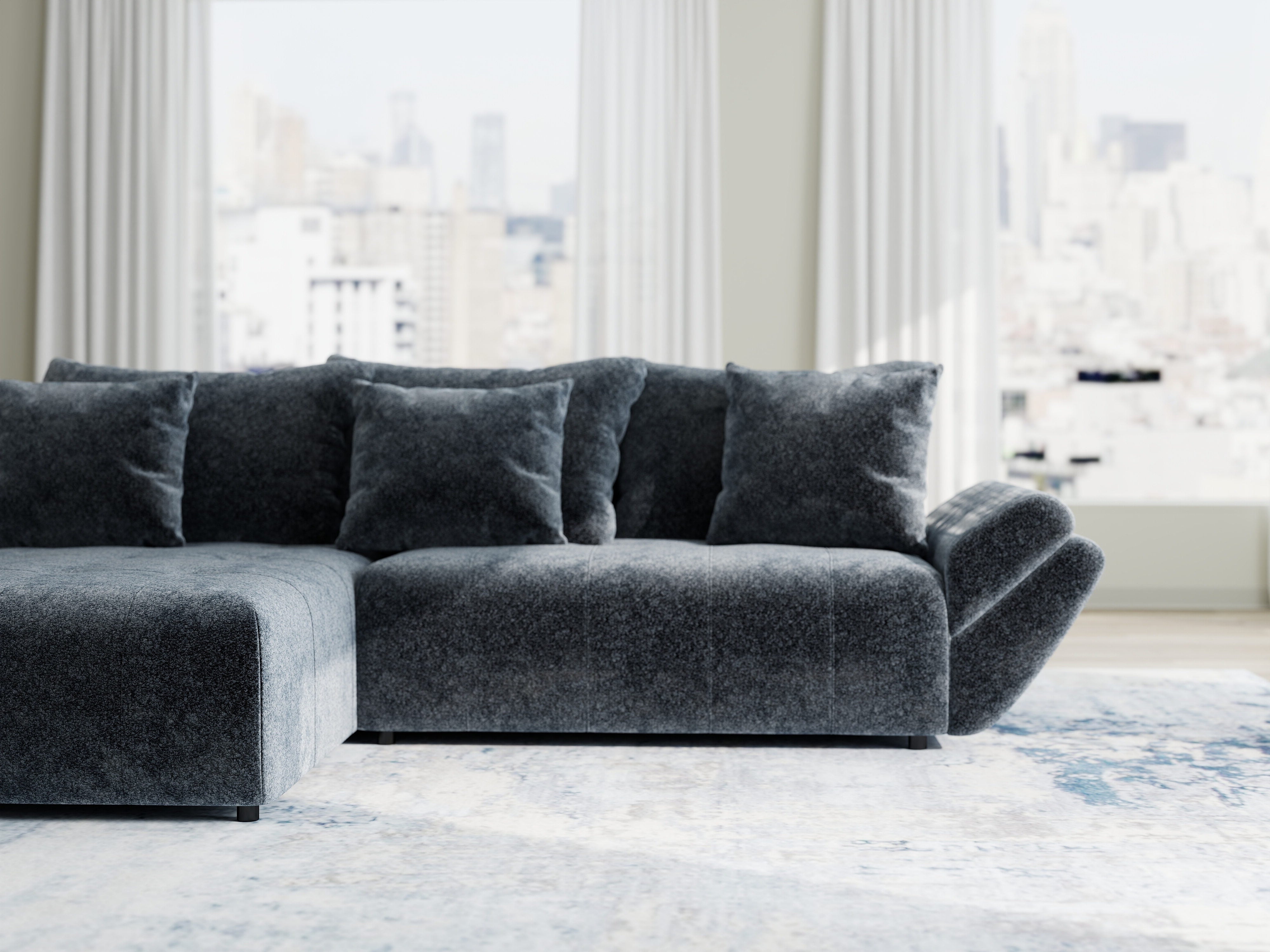 Colțar extensibil dumonde cu ladă de depozitare si sezut confortabil din spuma HR, Berlin Euphoria Gri Grafit 280x185 cm