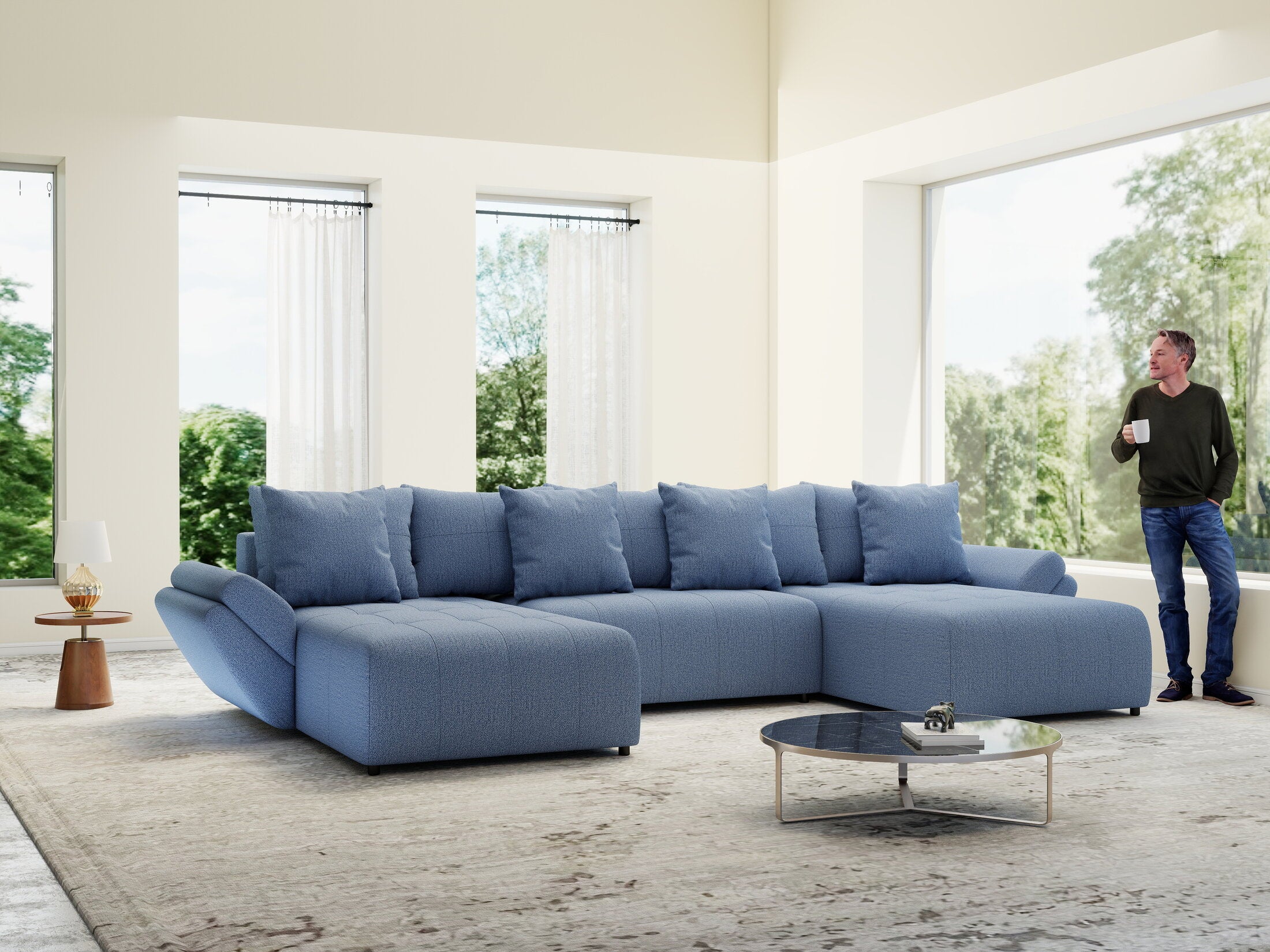 Colțar extensibil dumonde cu ladă de depozitare Berlin U Enjoy Blue 400x185 cm