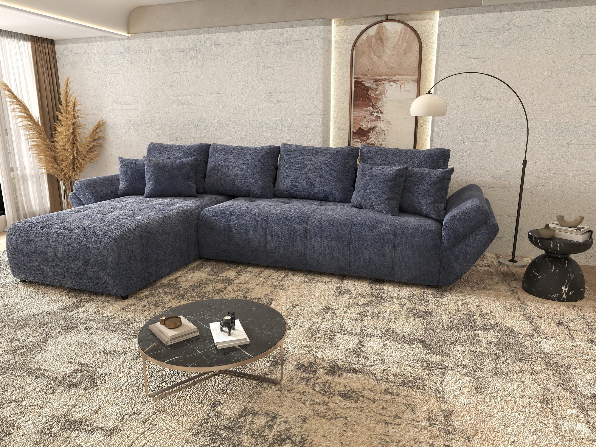 Colțar extensibil dumonde cu ladă de depozitare si sezut confortabil din spuma high-density, Berlin XL Vibe Albastru 79 350x185 cm