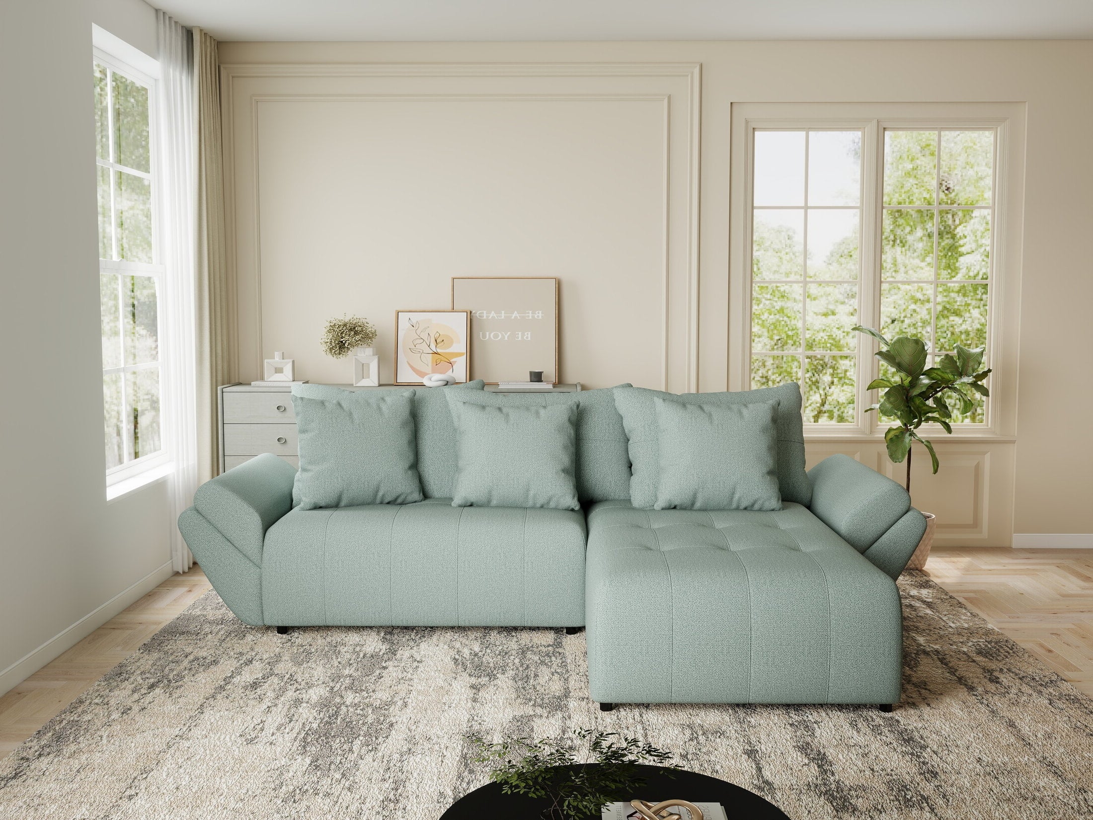 Colțar extensibil dumonde cu ladă de depozitare si sezut confortabil din spuma HR, Berlin Enjoy Verde Mint 280x185 cm II