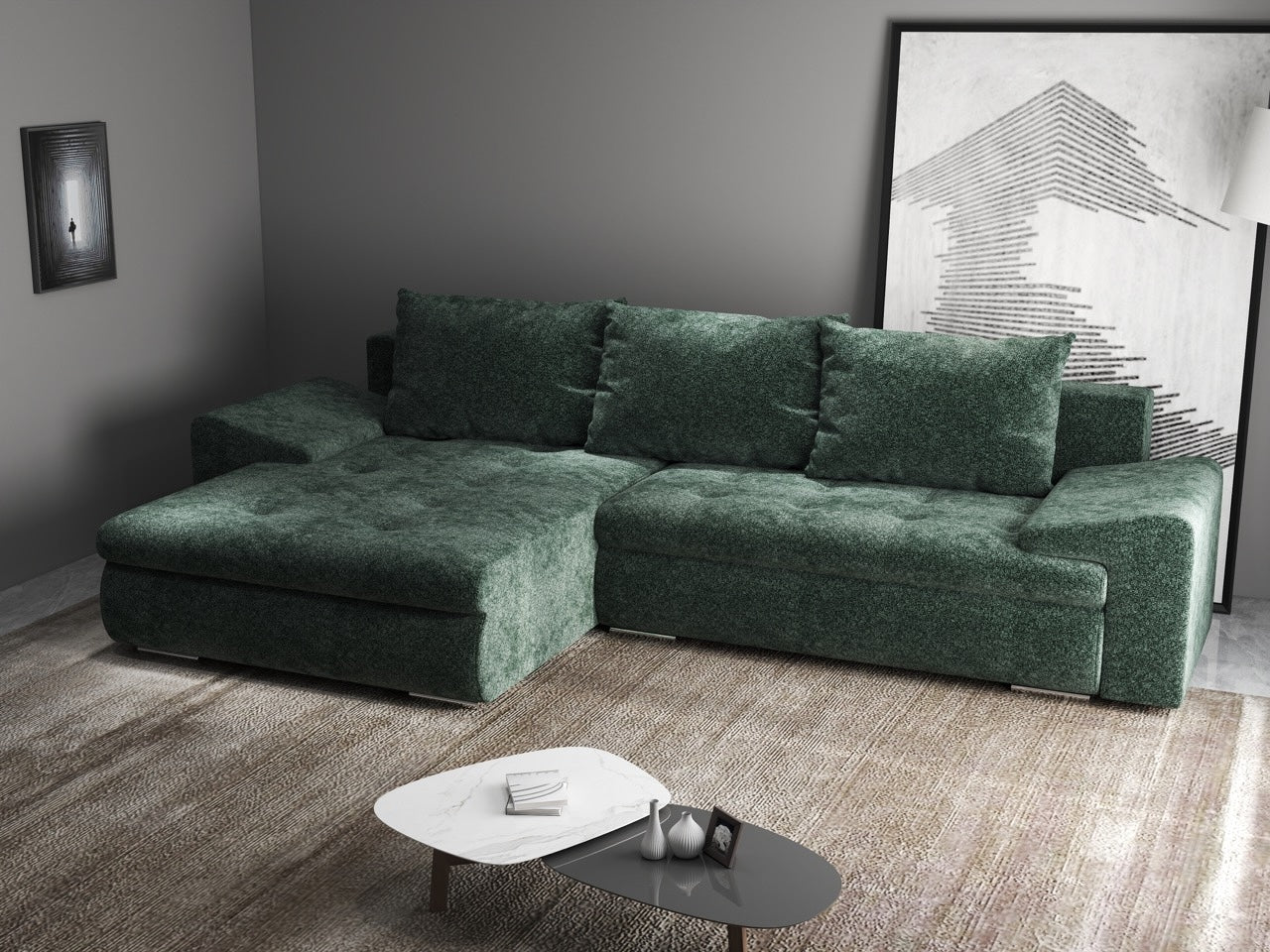 Colțar extensibil dumonde cu ladă de depozitare si sezut confortabil din spuma HR, Leonardo Euphoria Verde 255x193 cm Fabrica