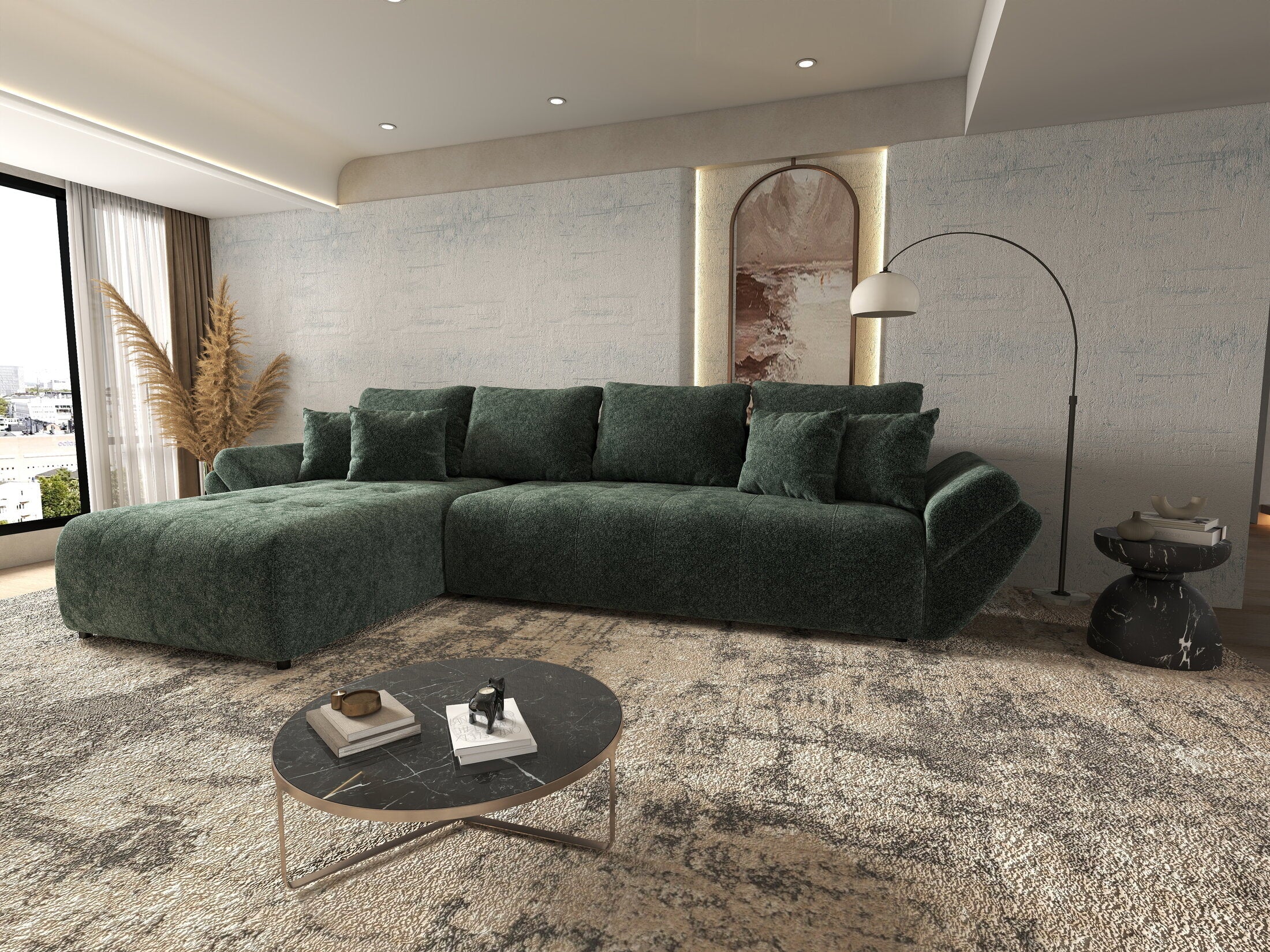 Colțar extensibil dumonde cu ladă de depozitare si sezut confortabil din spuma HR, Berlin XL Euphoria Green 350x185 cm