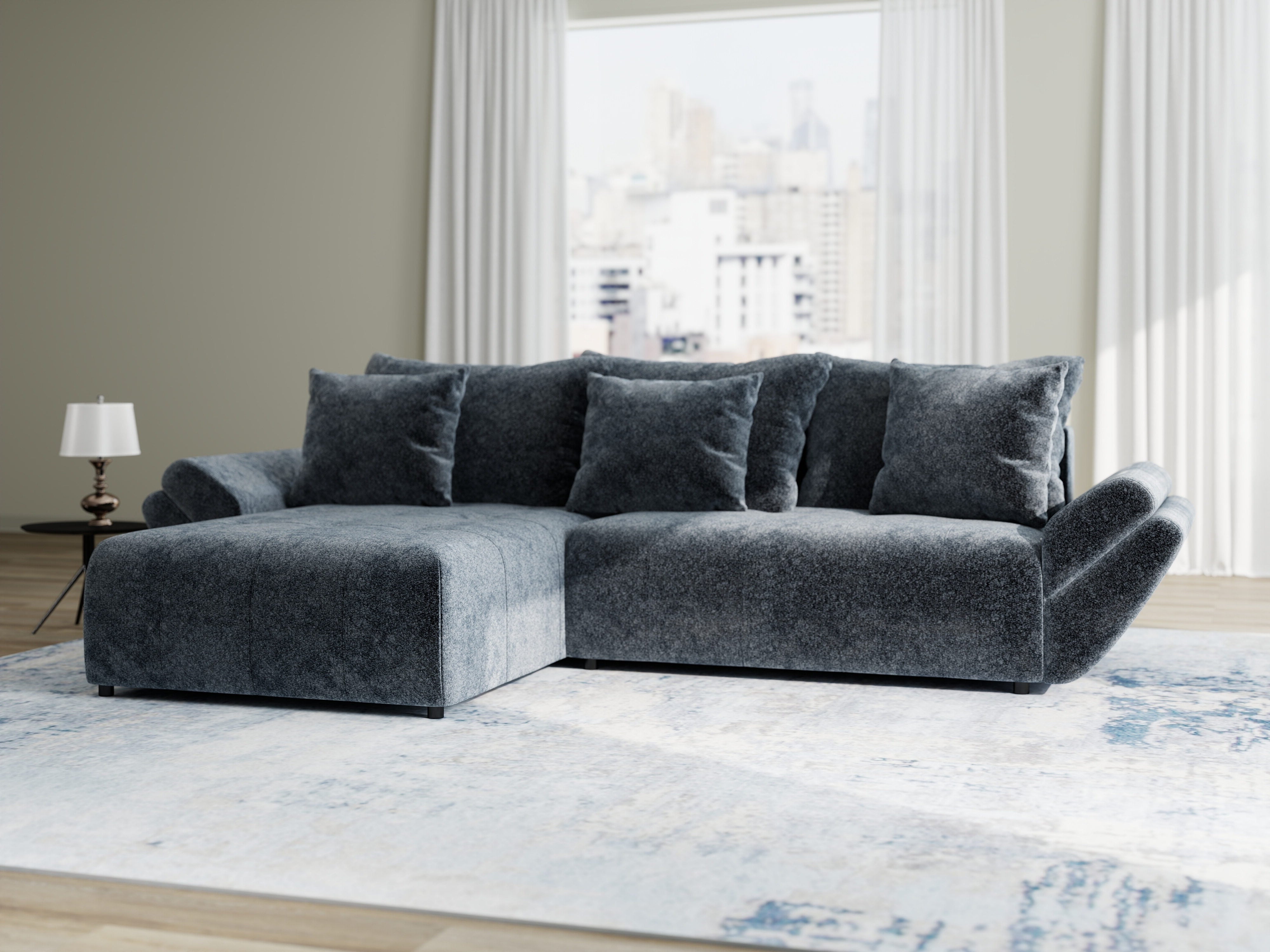 Colțar extensibil dumonde cu ladă de depozitare si sezut confortabil din spuma HR, Berlin Euphoria Gri Grafit 280x185 cm