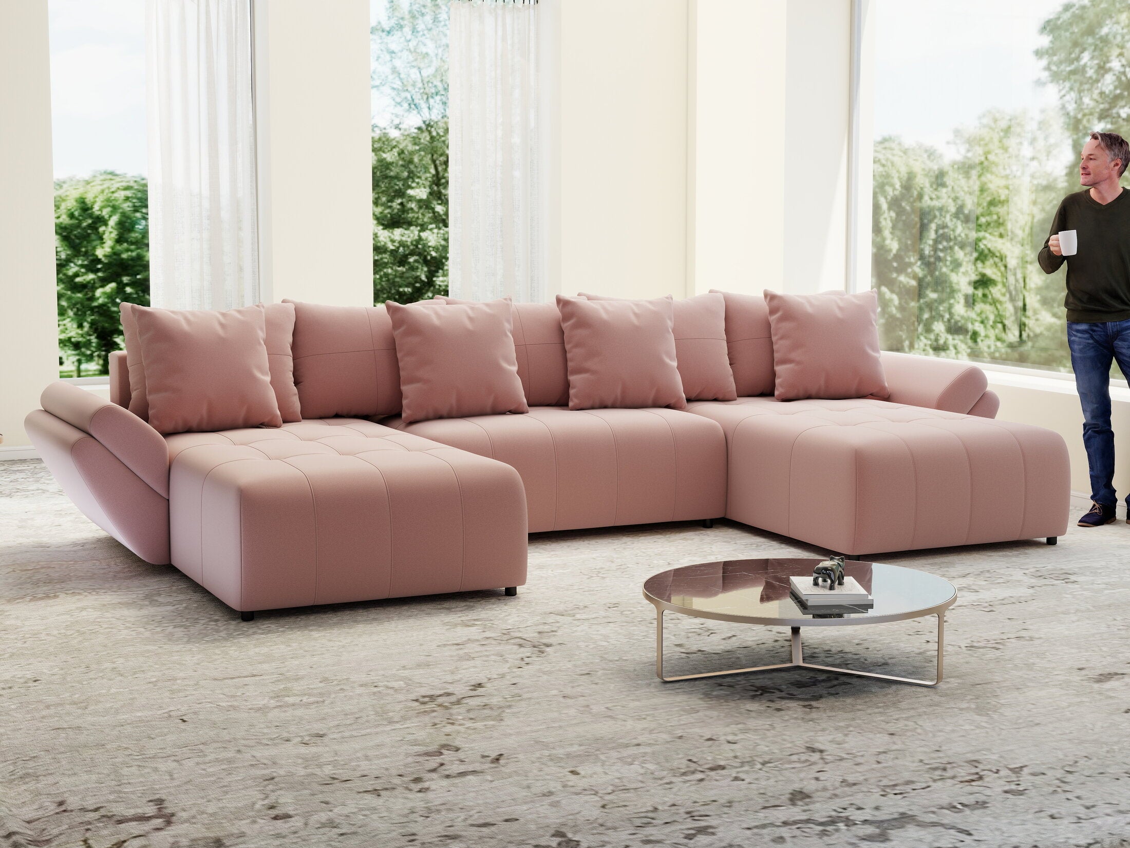 Colțar extensibil dumonde cu ladă de depozitare si sezut confortabil din spuma HR, Berlin U Royal Roz 380x180 cm