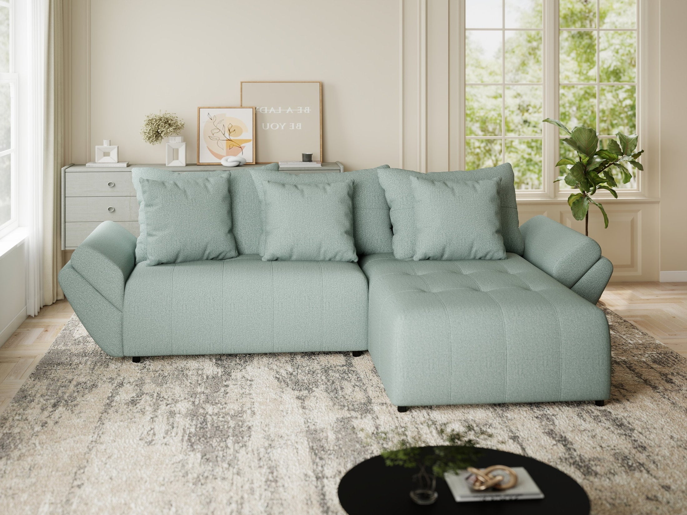 Colțar extensibil dumonde cu ladă de depozitare si sezut confortabil din spuma HR, Berlin Enjoy Verde Mint 280x185 cm II