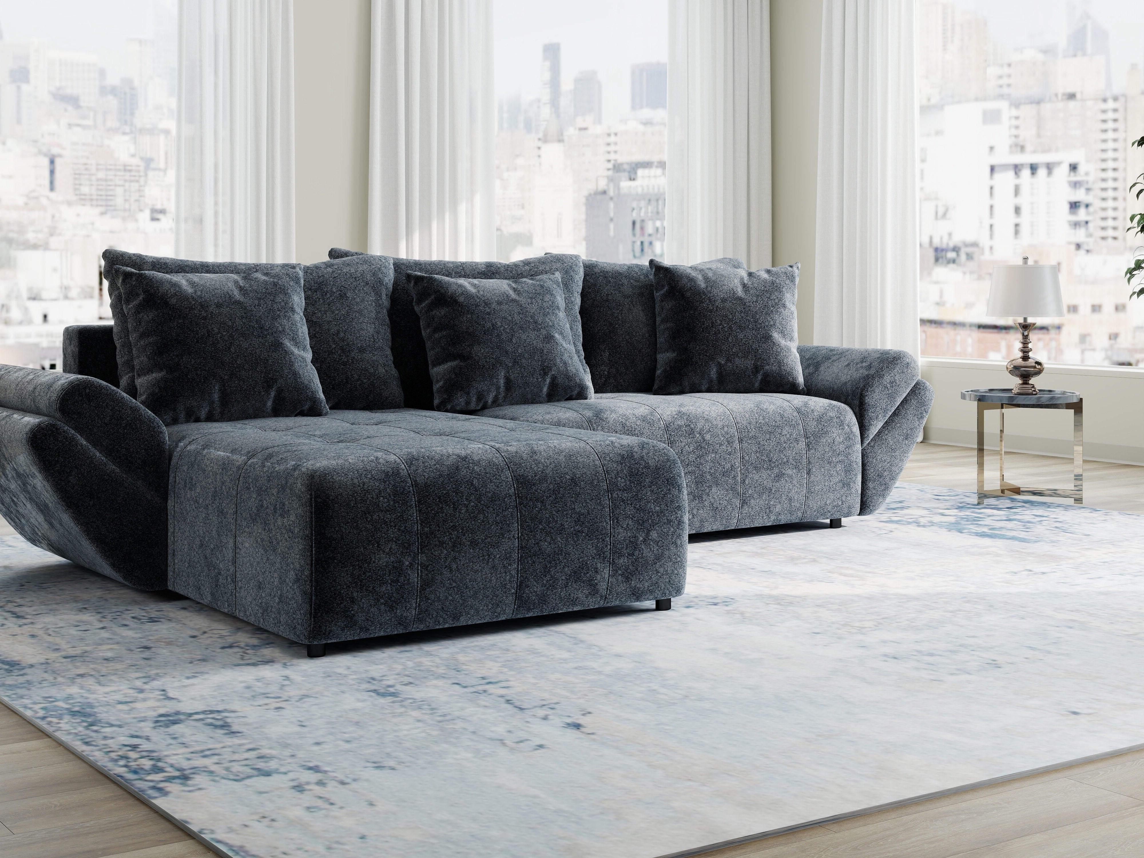 Colțar extensibil dumonde cu ladă de depozitare si sezut confortabil din spuma HR, Berlin Euphoria Gri Grafit 280x185 cm