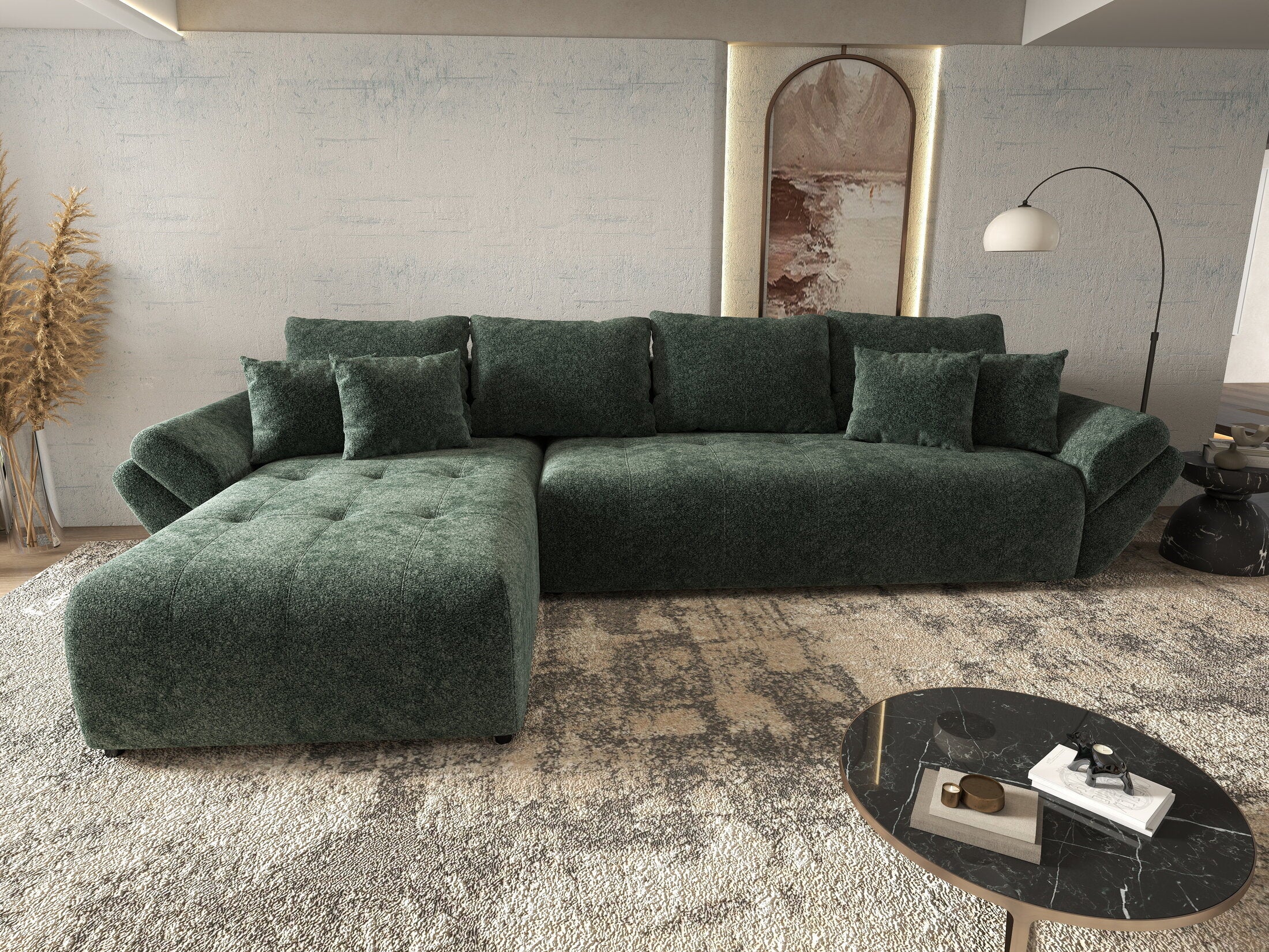 Colțar extensibil dumonde cu ladă de depozitare si sezut confortabil din spuma HR, Berlin XL Euphoria Green 350x185 cm